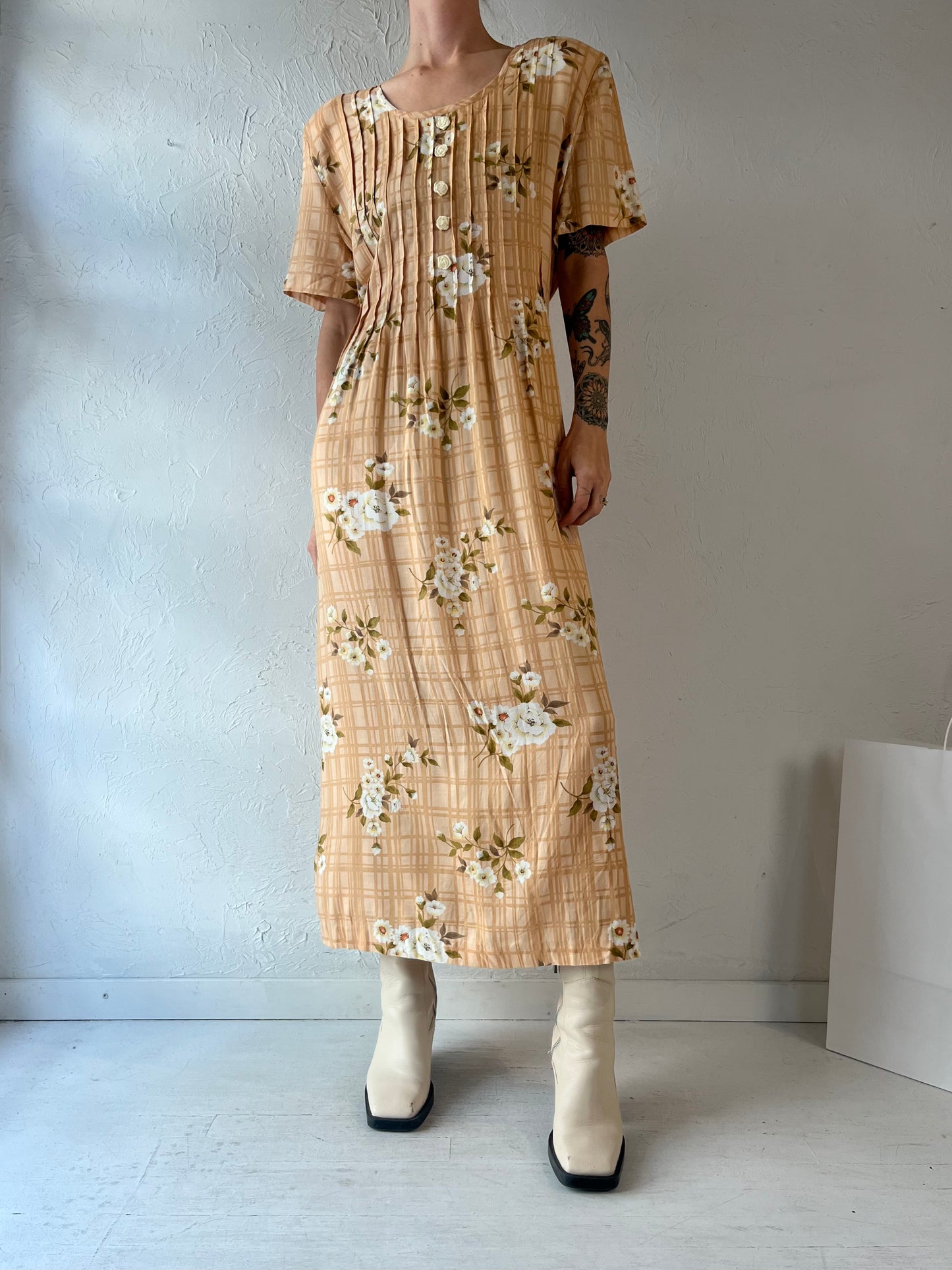 90s 'Coco Blanko' Orange Floral Print Rayon Dress / Large