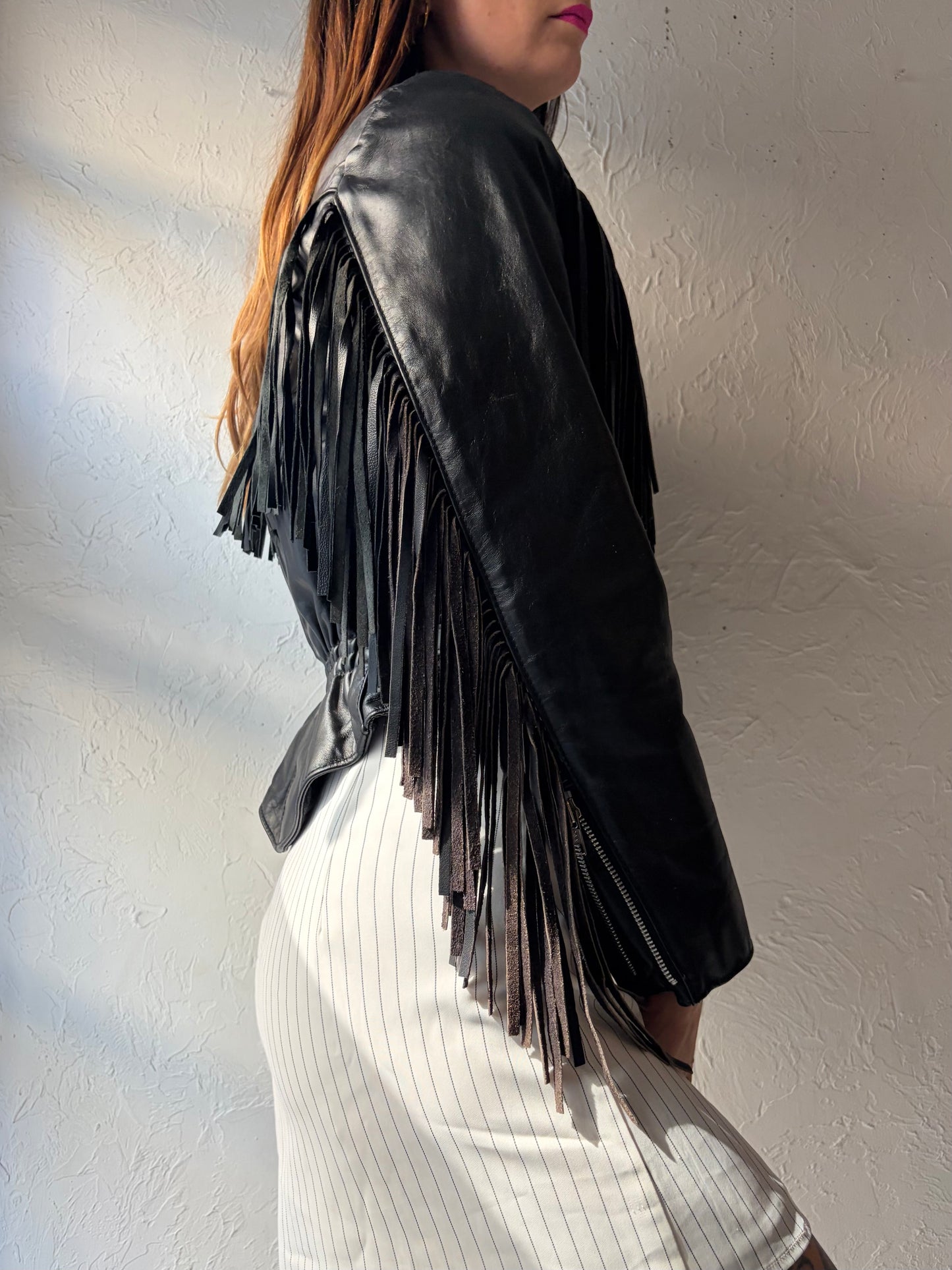90s 'All American Rider' Black Leather Fringe Moto Jacket / Small