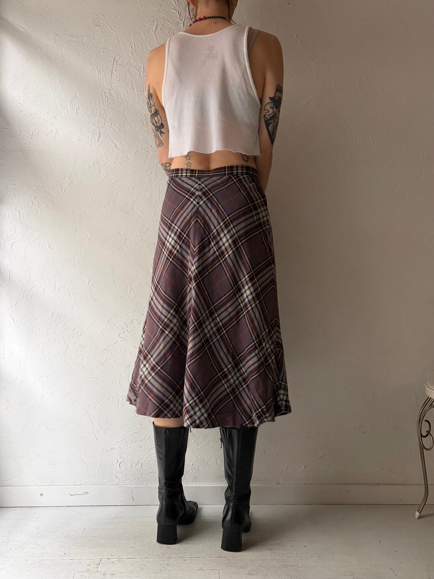 70s 'Aljean' Purple Plaid Wool Knit Winter Midi Skirt / Medium