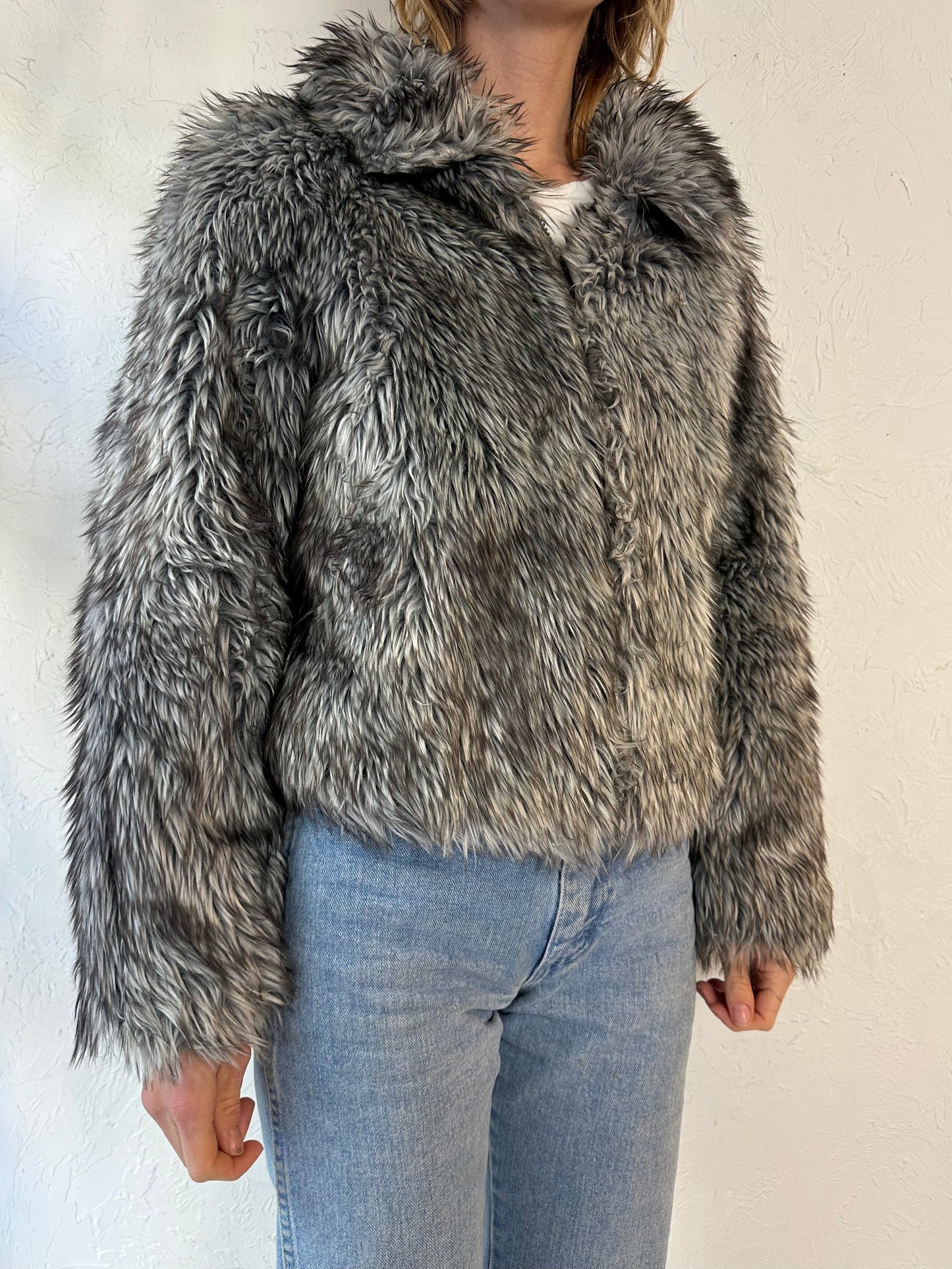 90s 'Le Chateau' Gray Faux Fur Jacket / Small