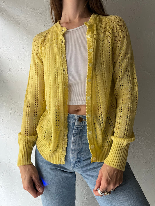 90s 'Eatons' Yellow Pointelle Knit Cottagecore Preppy Costal Grandma Spring Cardigan Sweater /  Medium