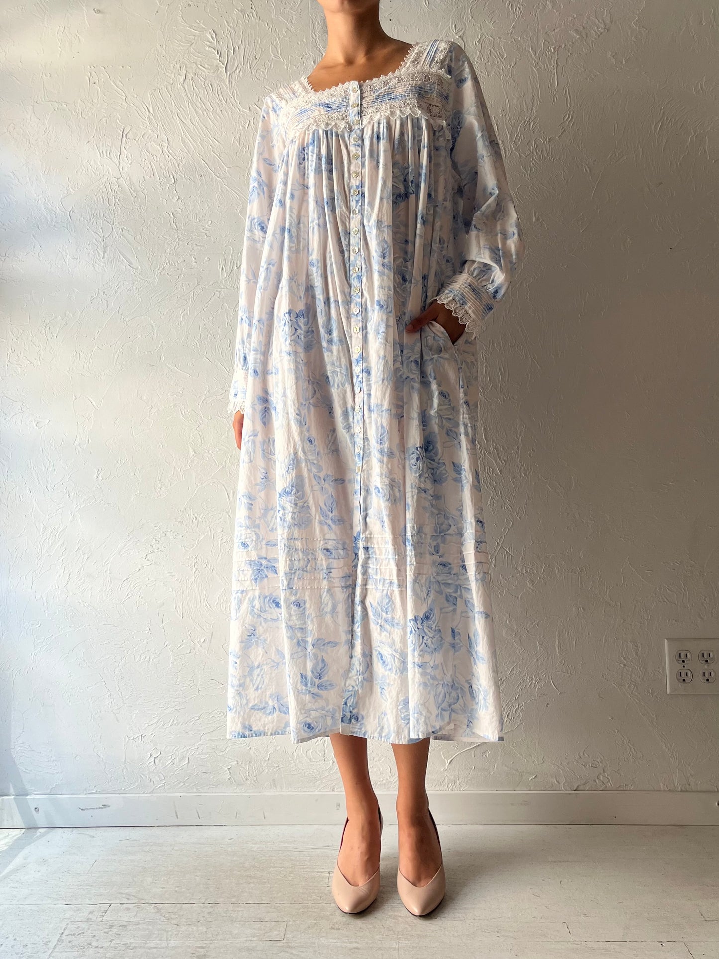 Y2k 'Eileen West' Blue Floral Button Up Cotton Maxi Dress / Large