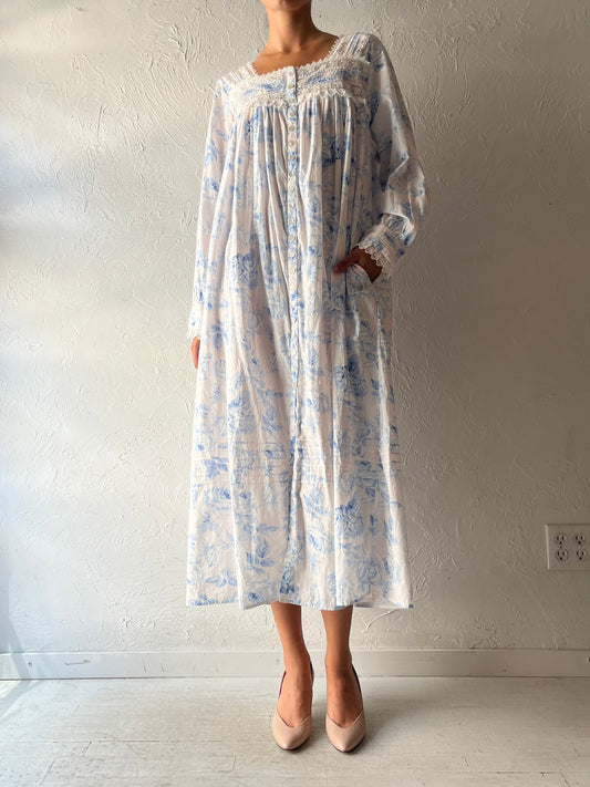 Y2k 'Eileen West' Blue Floral Button Up Cotton Maxi Dress / Large