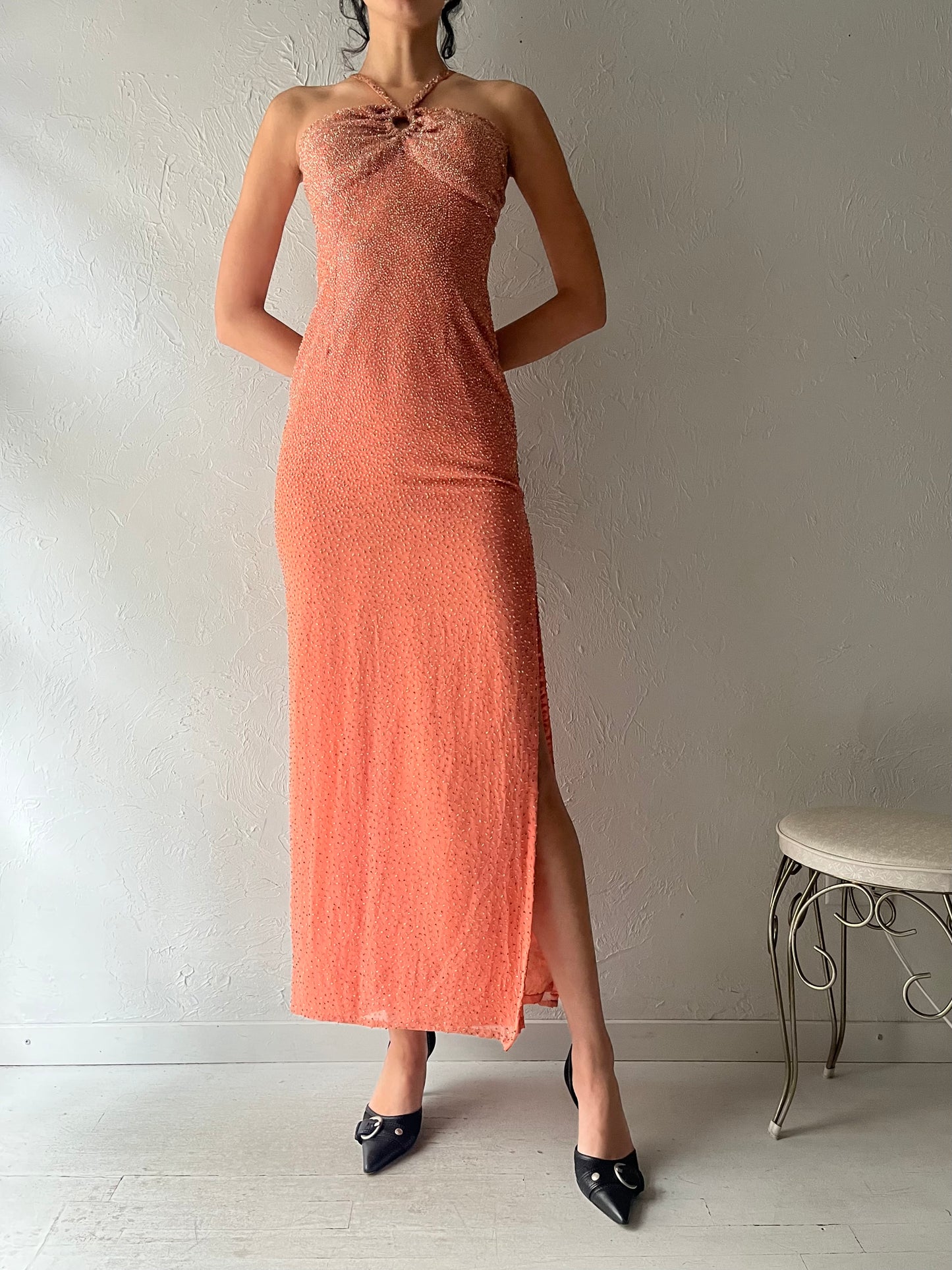 90s 'Scala' Orange Beaded Formal Dress / Small