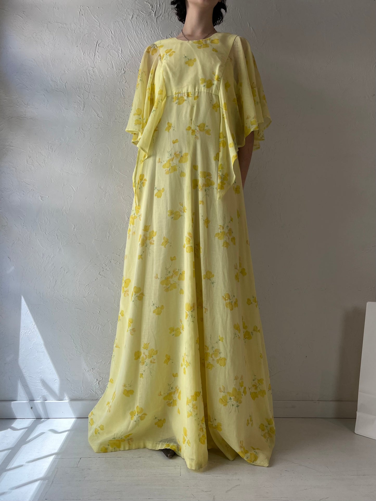 Vintage Handmade Yellow Floral Maxi Dress / Medium