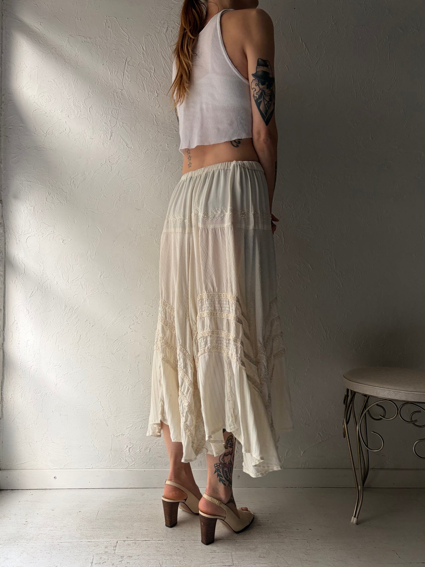 90s 'Papa' White Skirt Rayon Maxi Skirt / Medium