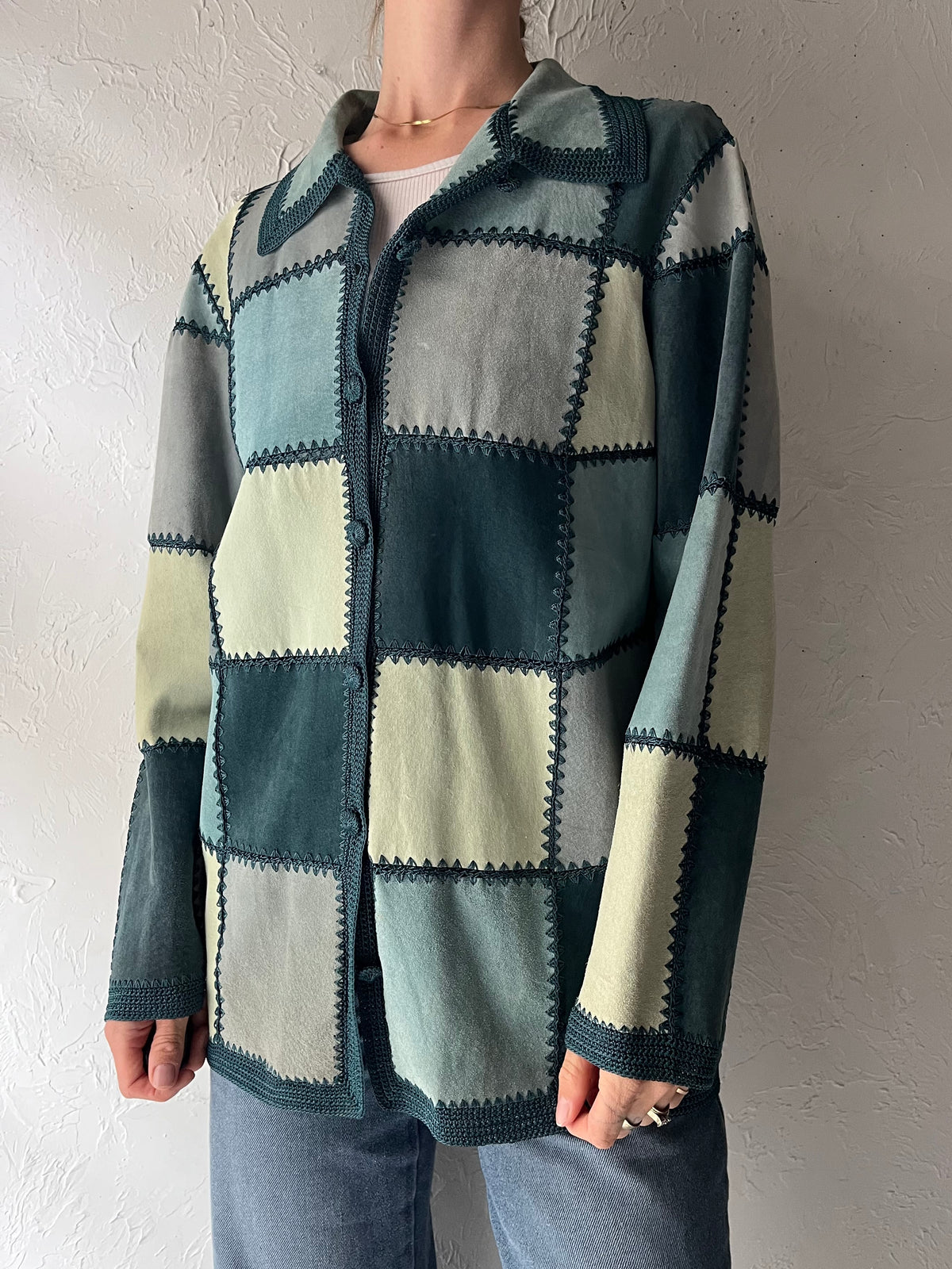 Y2k 'Denim & Co' Blue Suede Patchwork Jacket / Medium