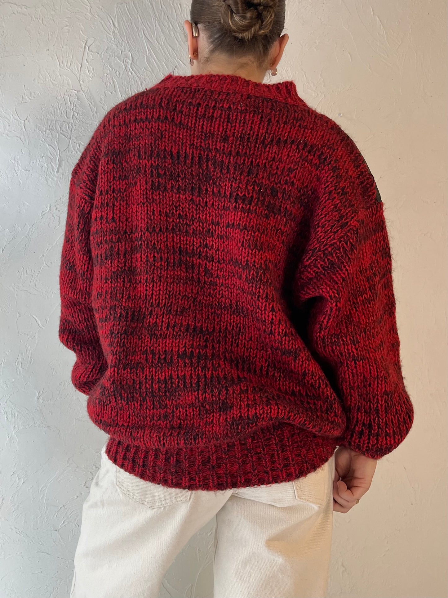 90s 'Front Line' Red Acrylic Knit Sweater / Medium