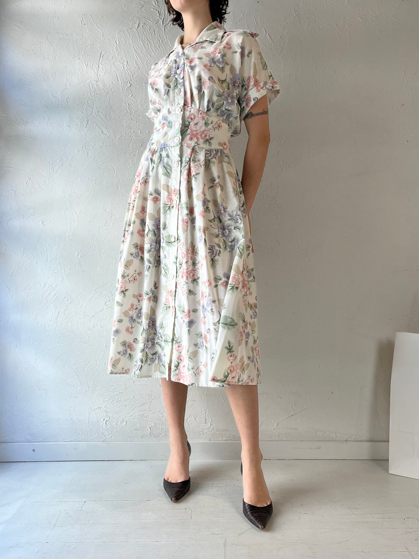 90s 'Stuart Alan' Collared Floral Print Dress / Small