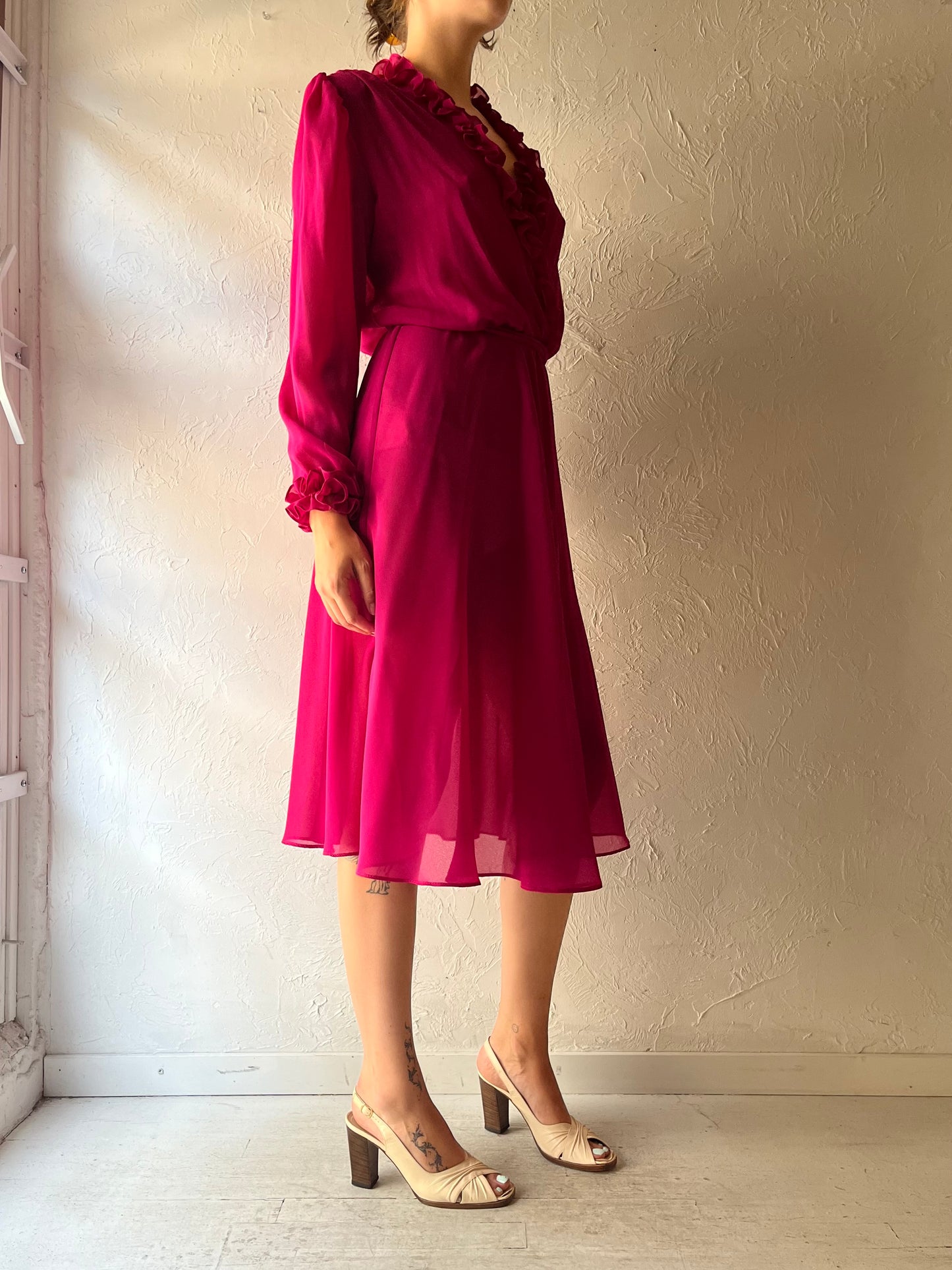 80s 'Algo' Retro Pink Long Sleeve Spring Casual Midi Dress / Medium