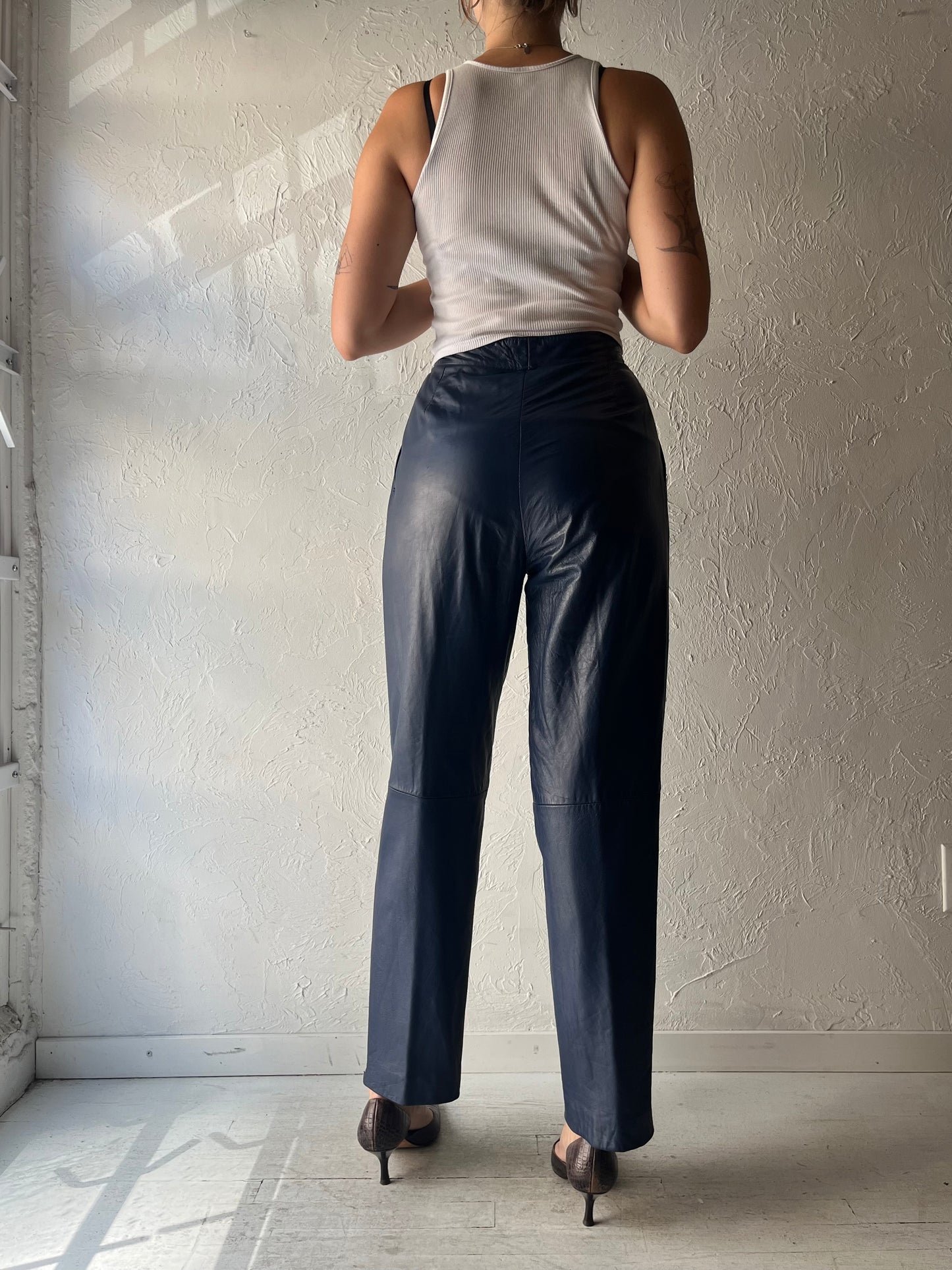 80s 'Marquis' Retro Blue Hight Waisted Leather Trouser Pants / Small