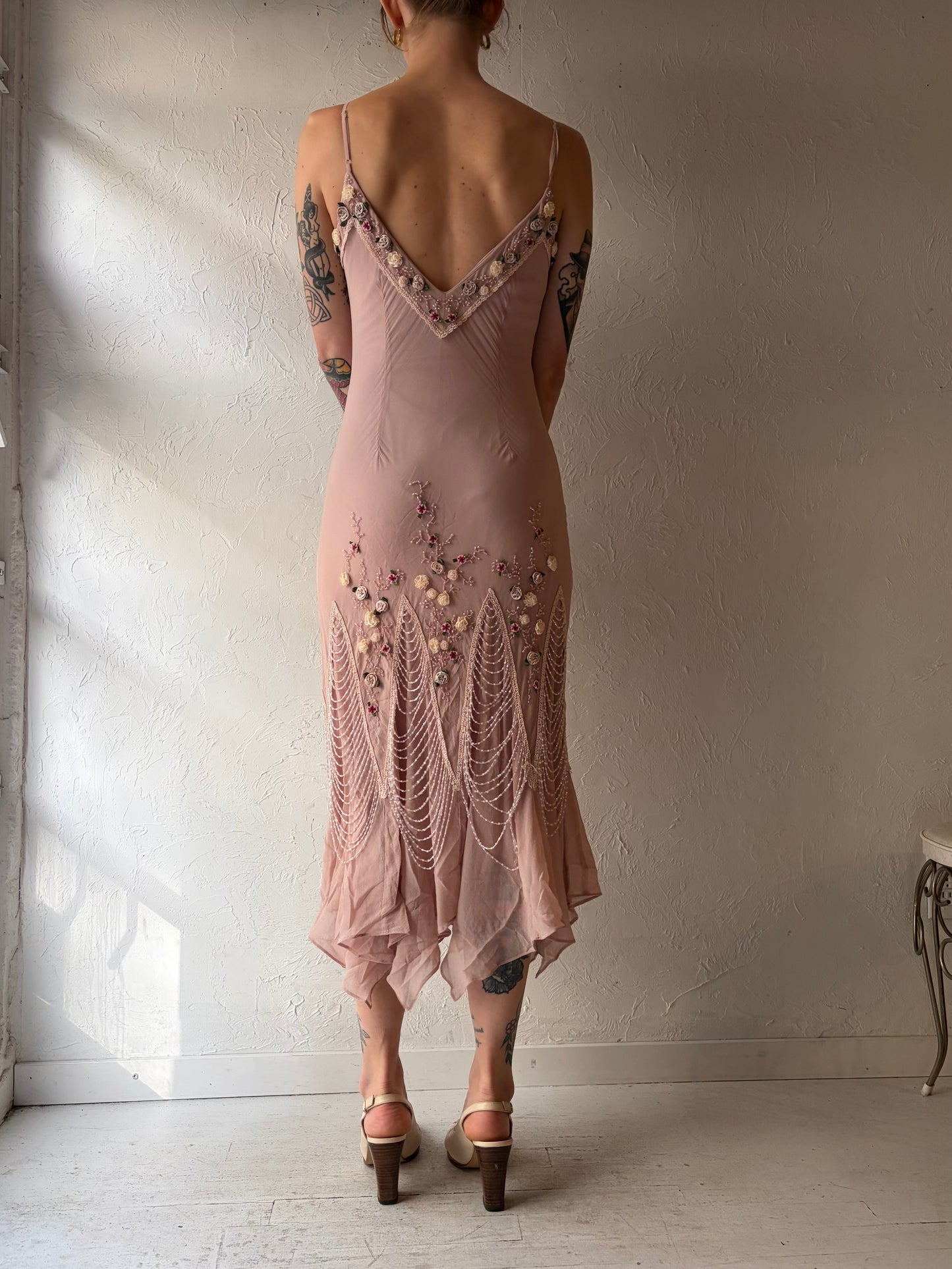 Y2k 'Zokai' Pink Beaded Formal Midi Dress / Small / Medium