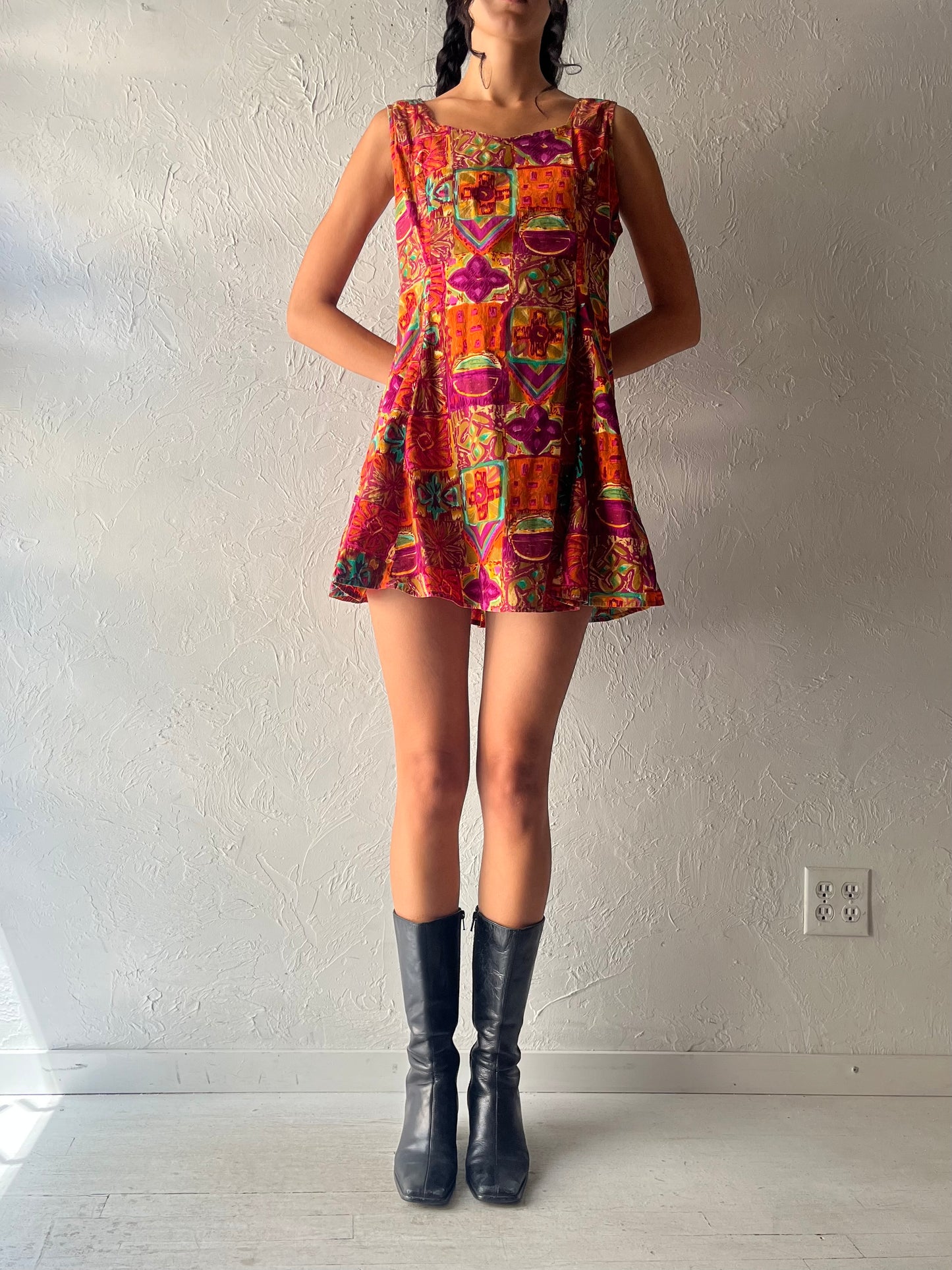 90s 'La Lingerie' Patterned Cotton Mini Dress / Medium