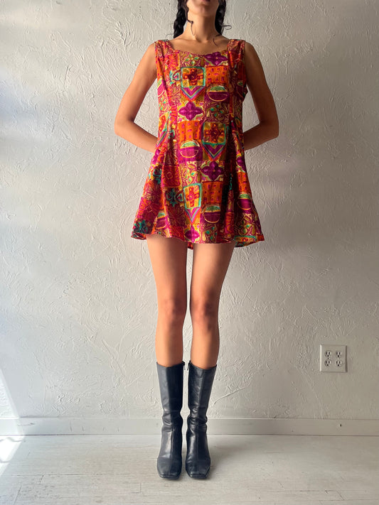 90s 'La Lingerie' Patterned Cotton Mini Dress / Medium
