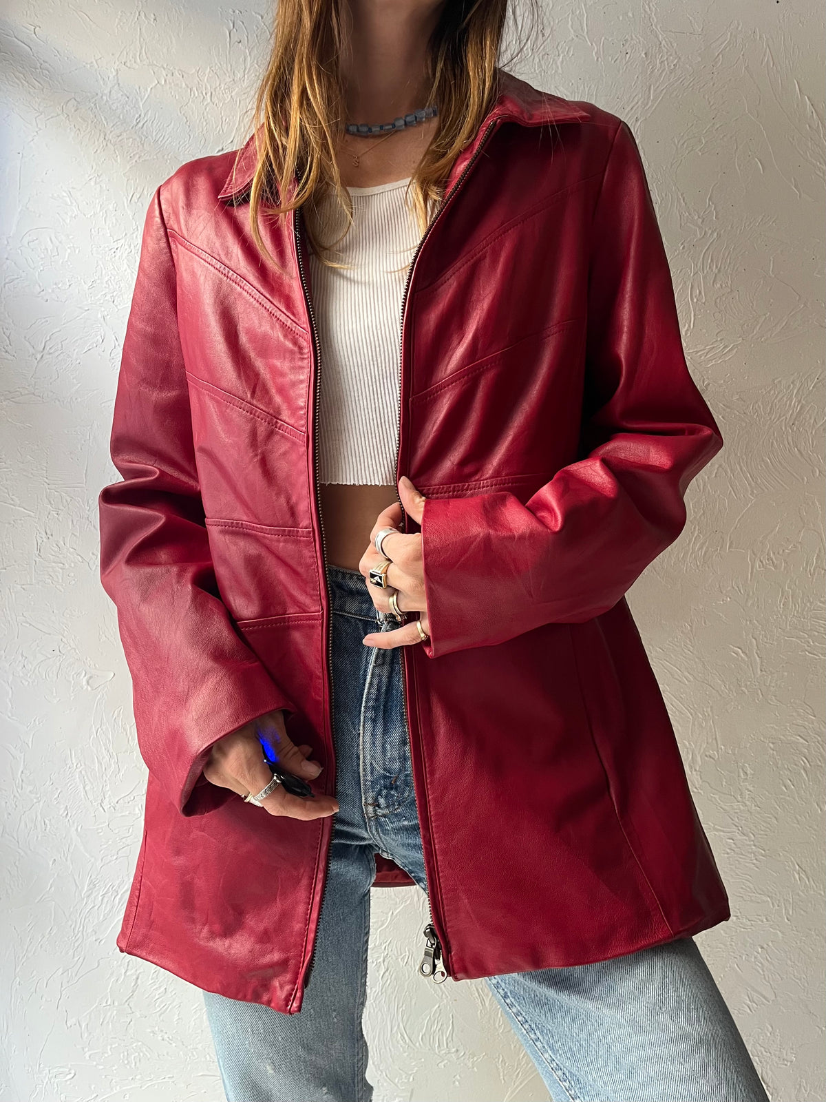 Y2k ‘Danier’ Raspberry Red Genuine Leather Longline Jacket / Medium