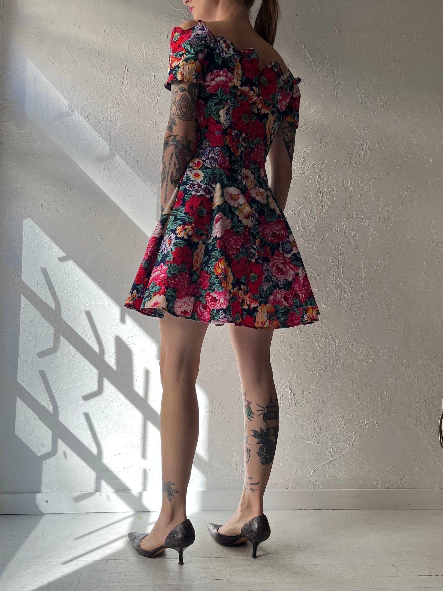 80s 'Damatix' Floral Cotton Mini Dress / Small