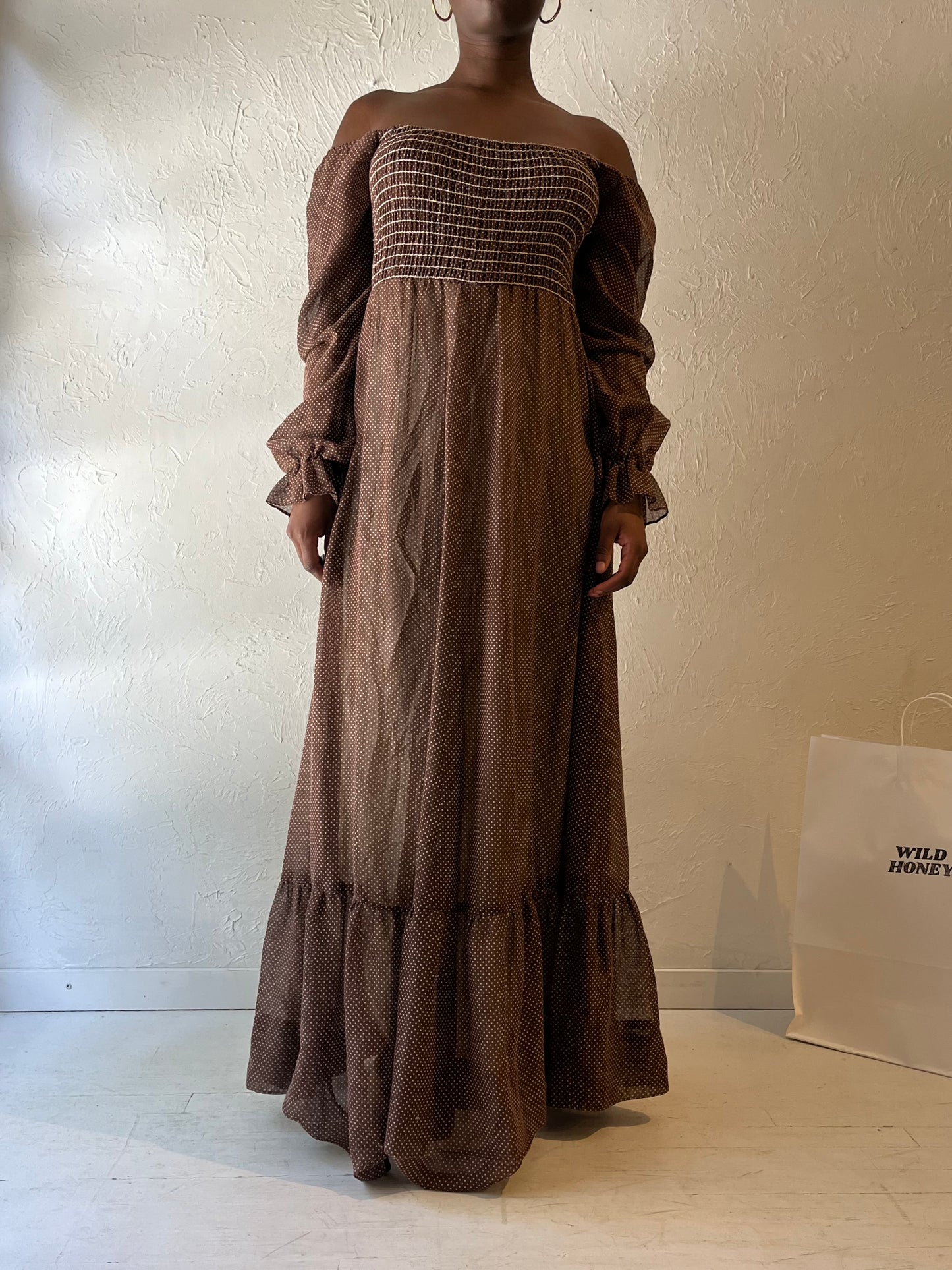 Vintage Handmade Brown Polka Dot Maxi Dress / Medium