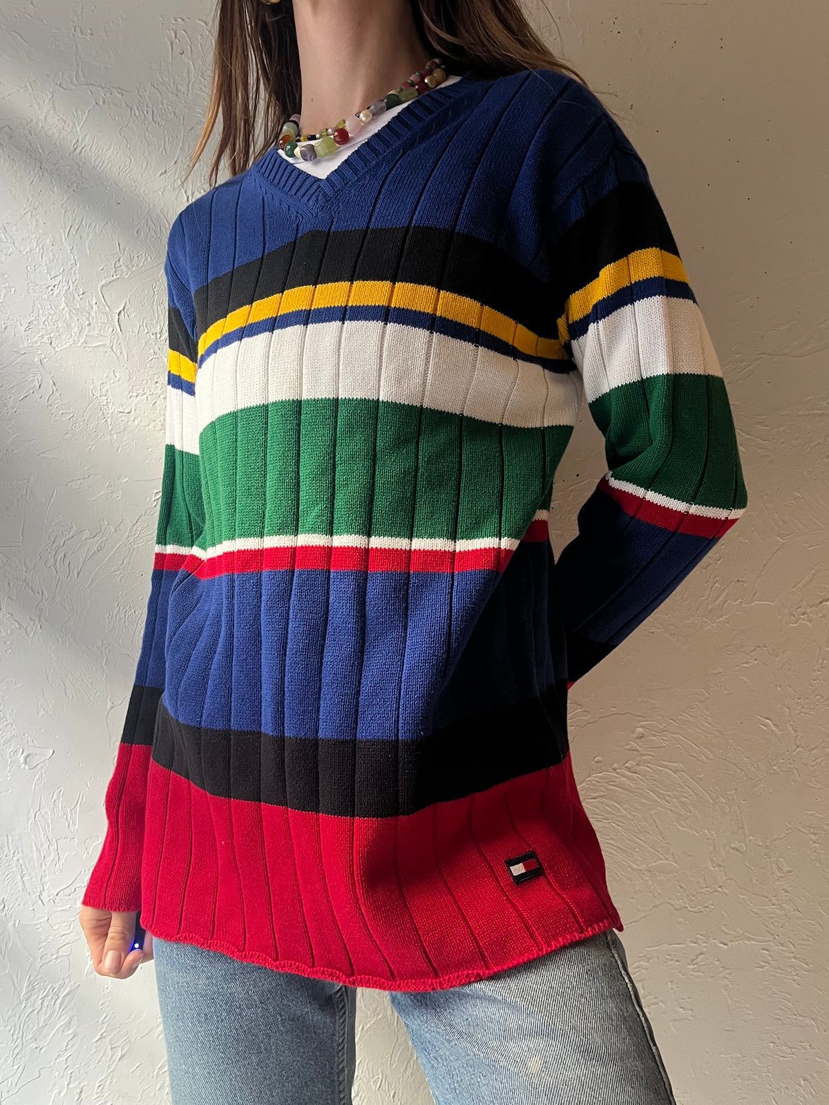 90s ‘Tommy Hilfiger’ Multicolor Striped Cotton V-Neck Preppy Academia Colorblock Knit Pullover Sweater / Medium