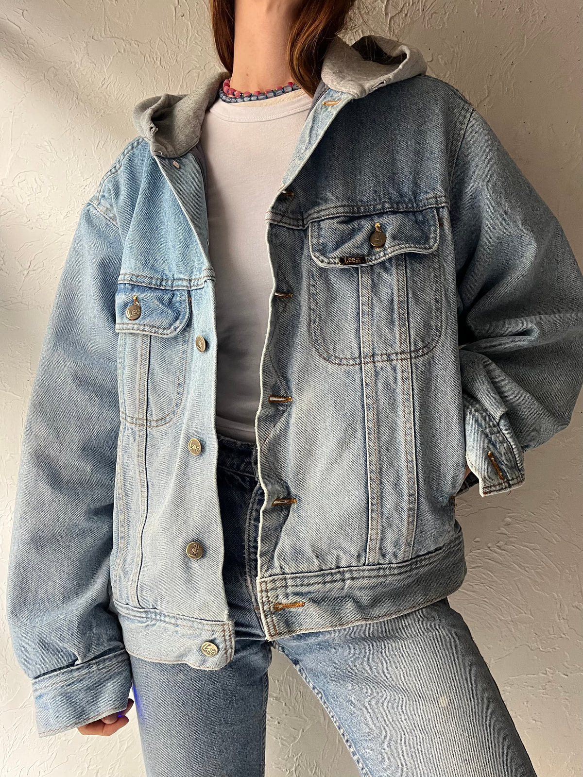 90s 'Global Image' Lee Denim Hooded Grunge Streetwear Trucker Jean Jacket / Medium