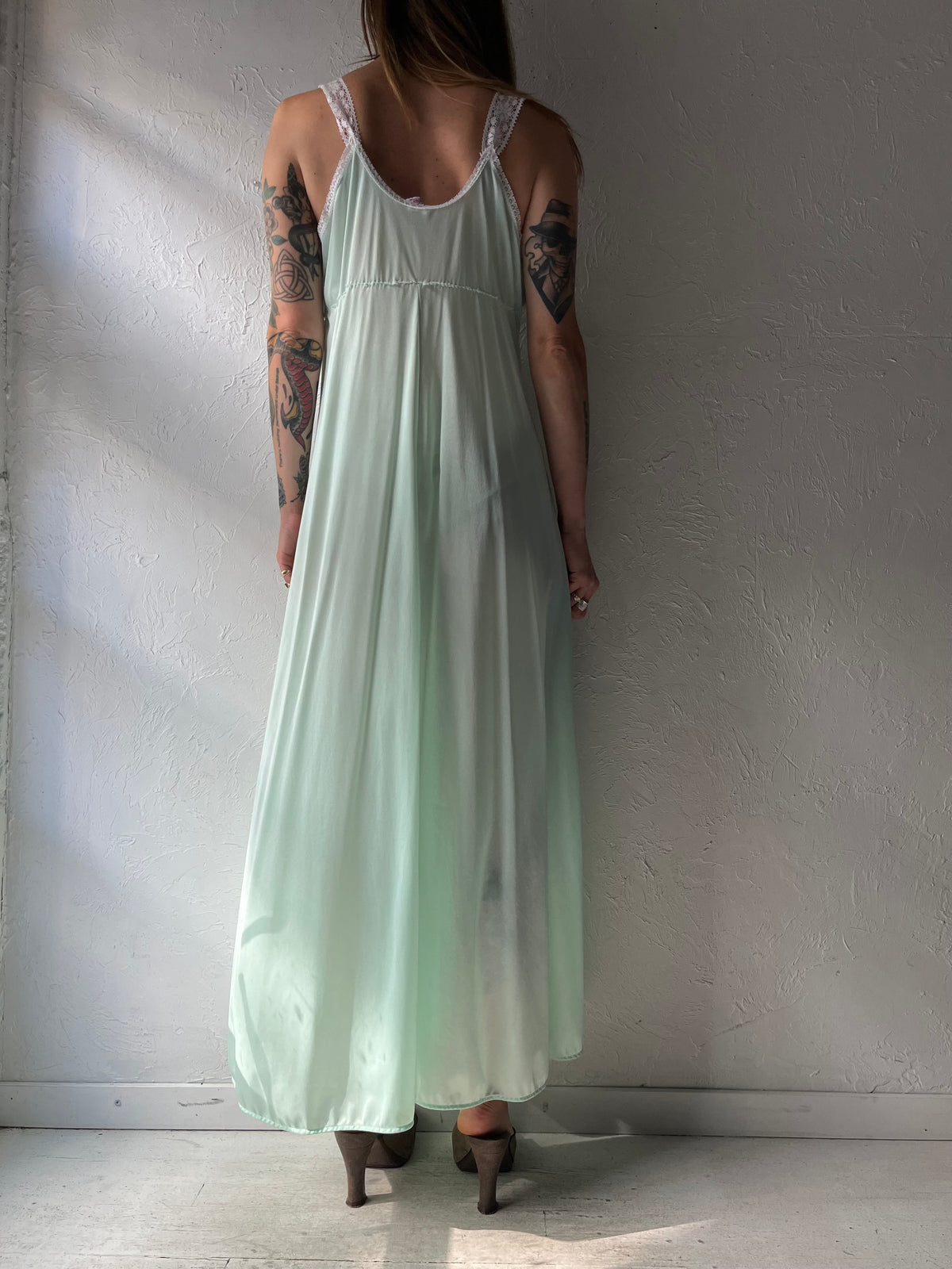 70s 'Lou Lee' Mint Green Romantic Cottagecore Slip Nightgown Maxi Dress / Medium