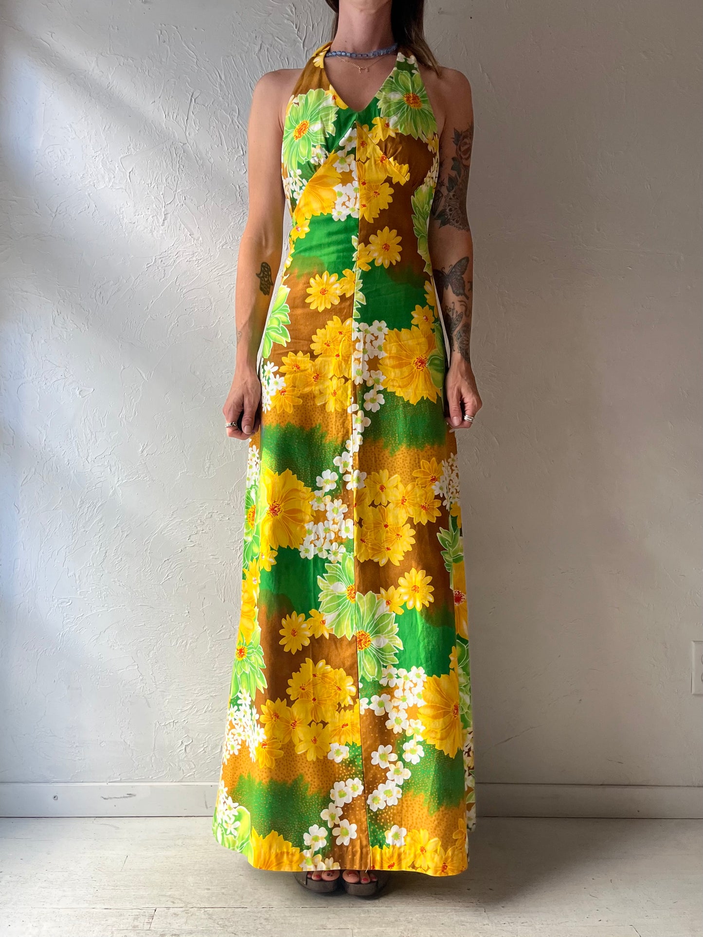 70s 'Marjorie Hamilton' Tropical Cotton Halter Maxi Dress / Small