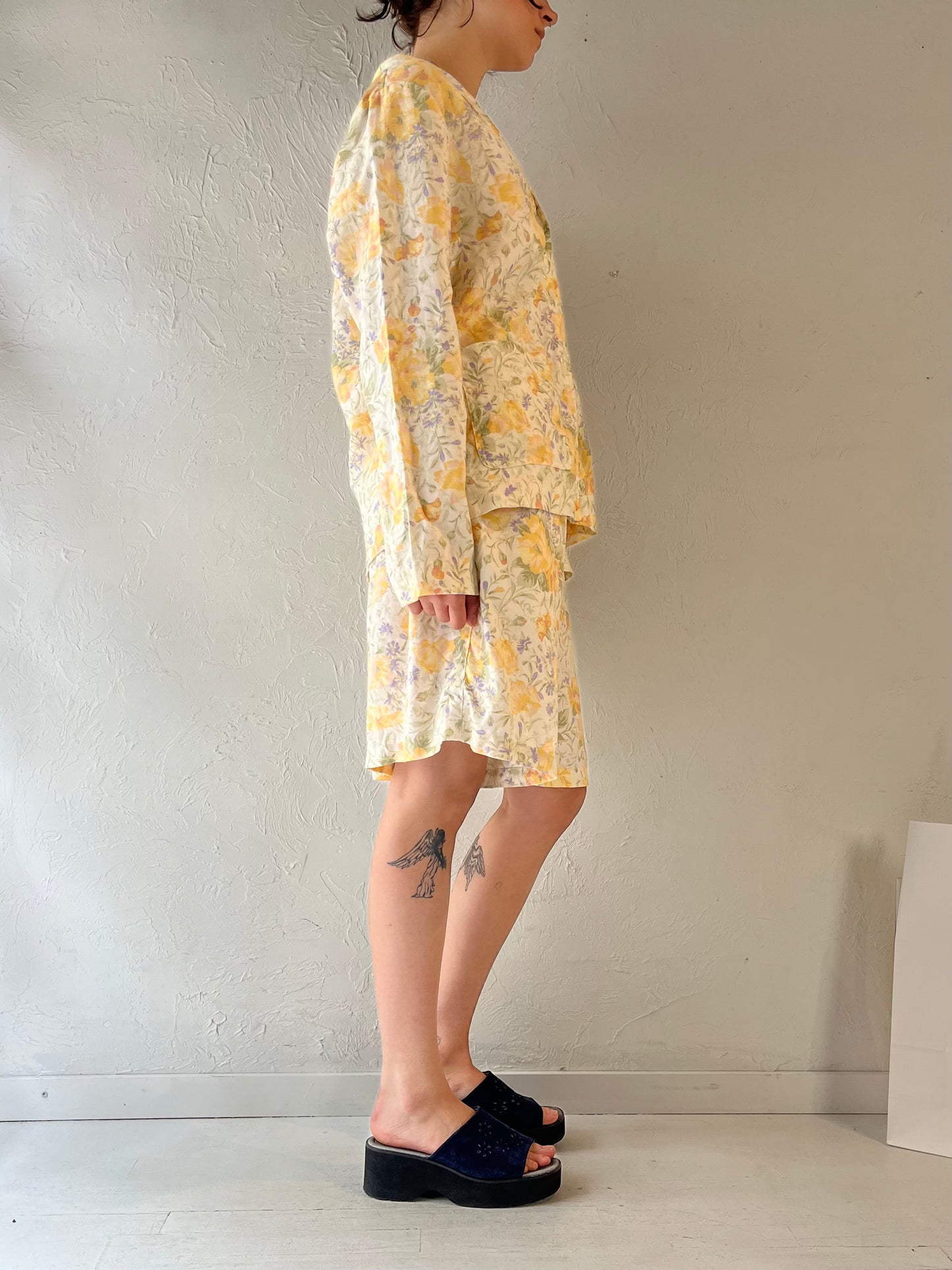 90s 'Jones Wear' Yellow Floral Linen Set / Large