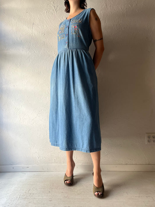 90s 'Traditions' Light Denim Embroidered Cottagecore Western Summer Midi Dress / Large