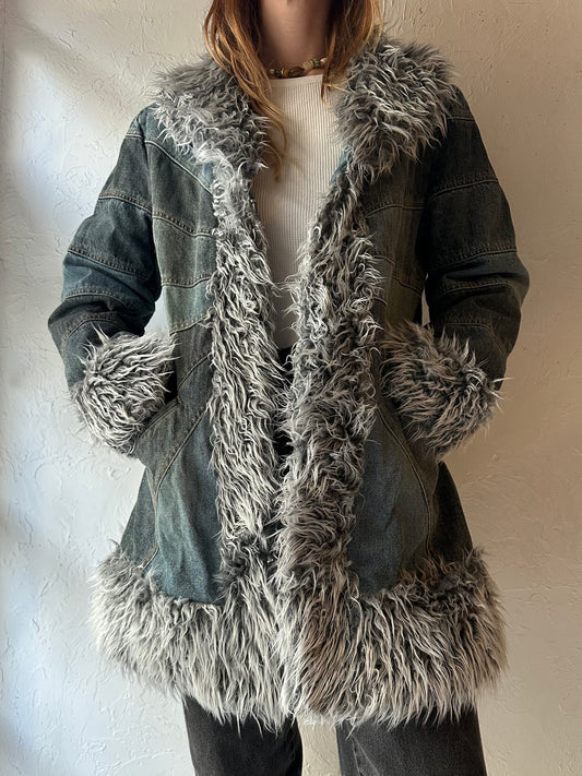 90s Y2k 'Giacca' Denim Faux Fur Jacket / Medium