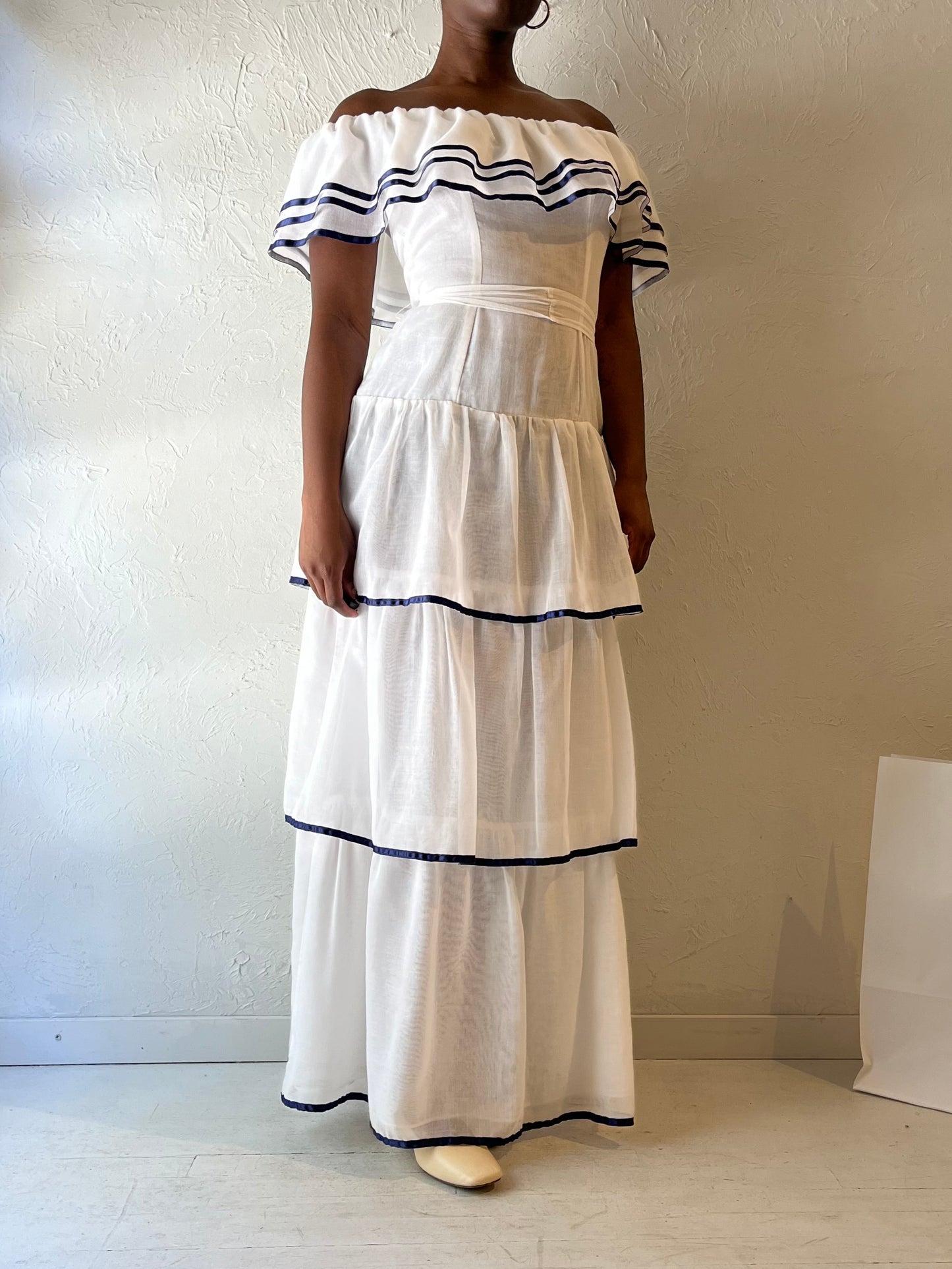 70s 'Roberta' White Tiered Maxi Dress / Medium