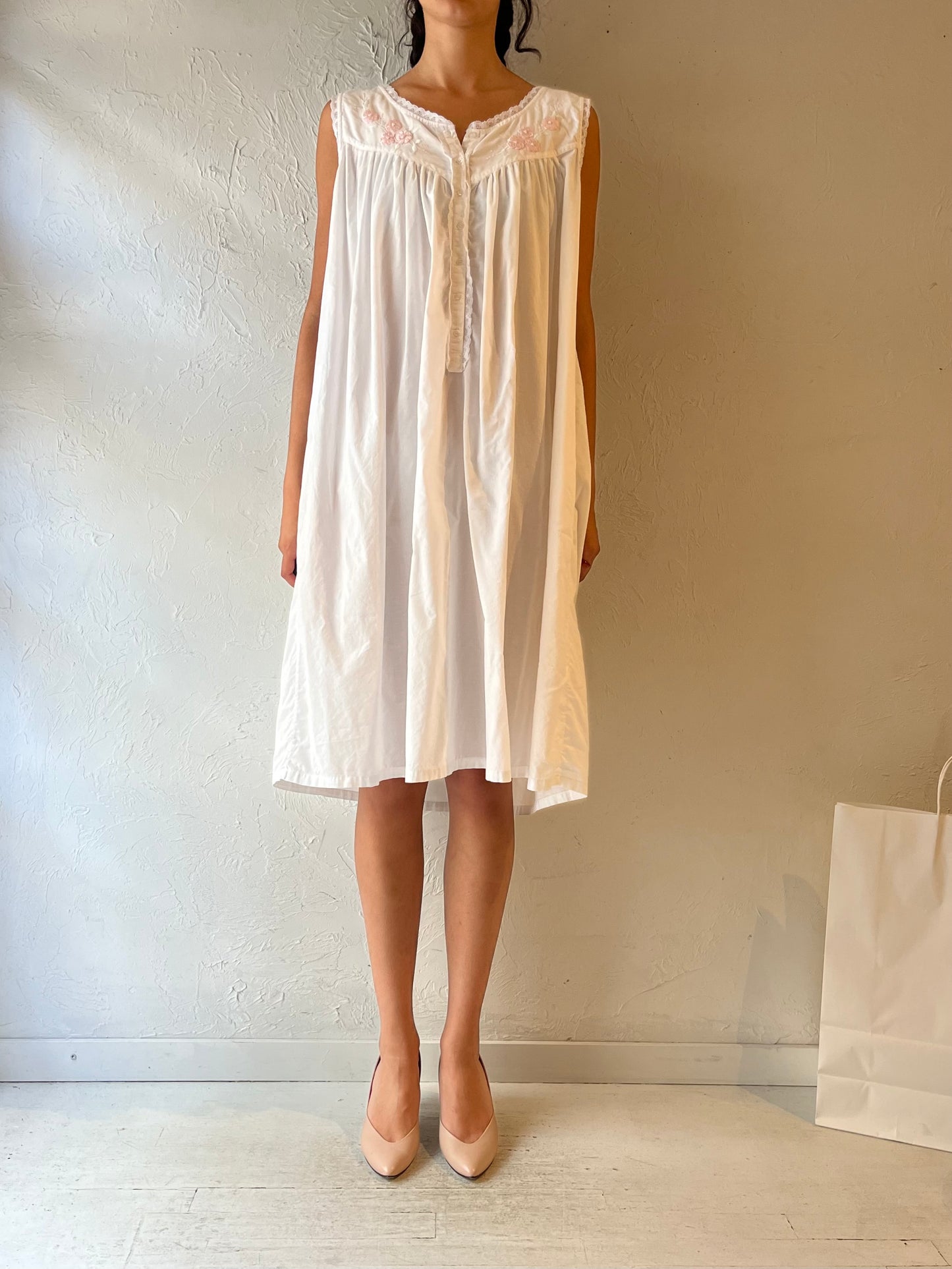 90s White Cotton Midi Dress / Large