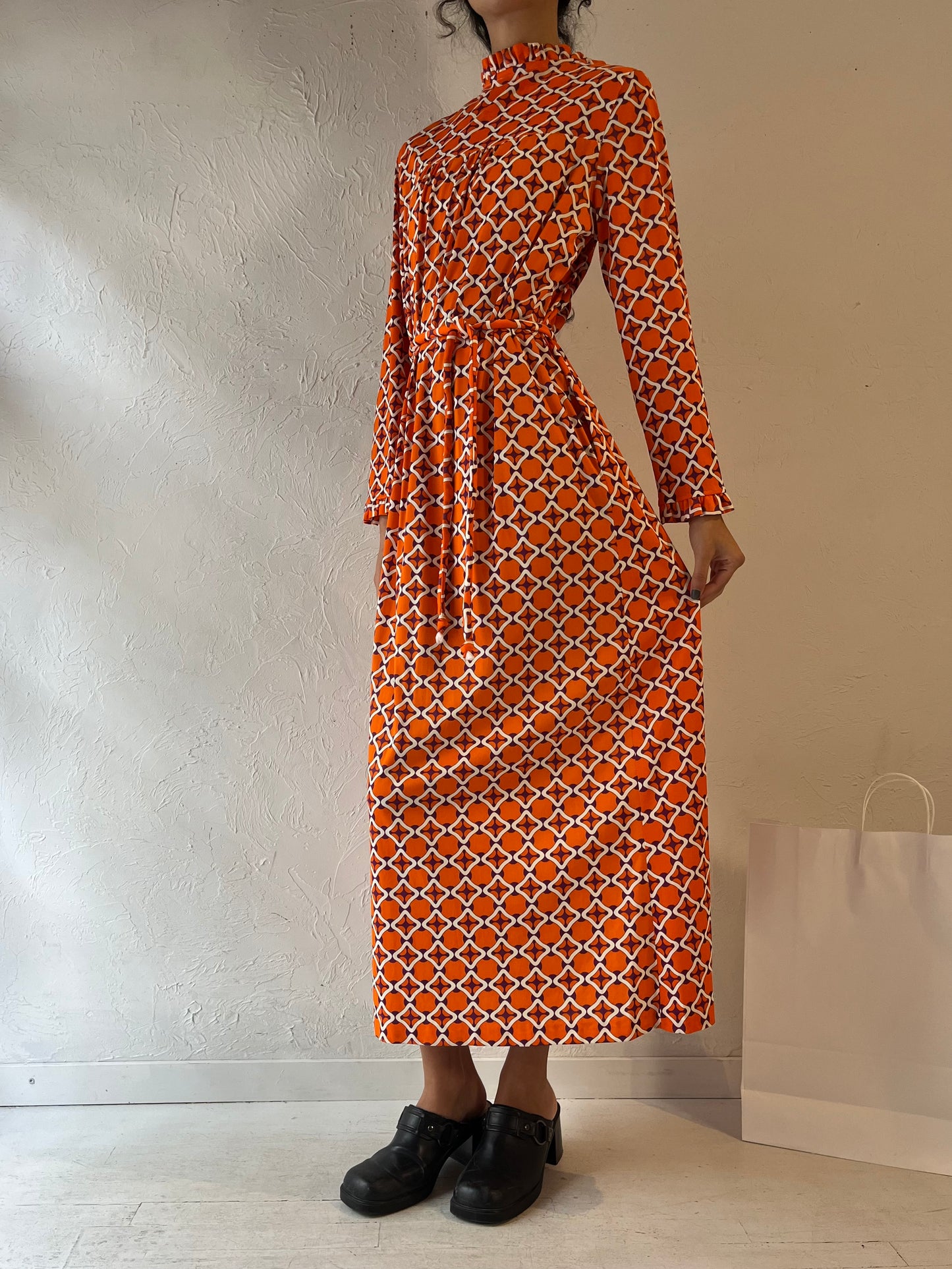 70s Orange Retro Patterned Kaftan Maxi Dress / Small