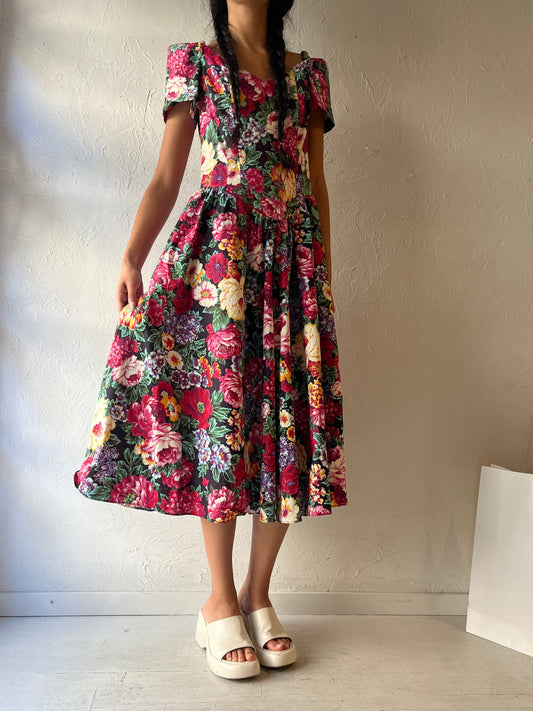 90s Floral Print Midi Dress / Medium