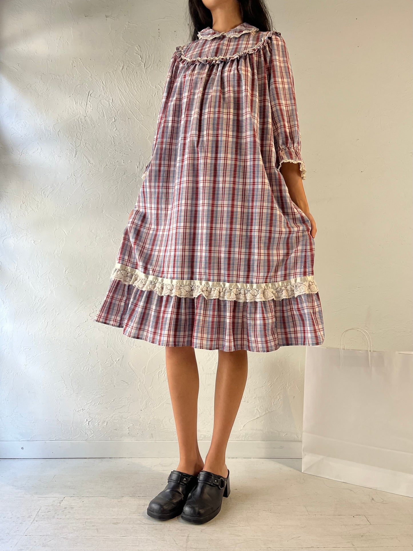 Vintage Handmade Plaid Peasant Dress / Medium