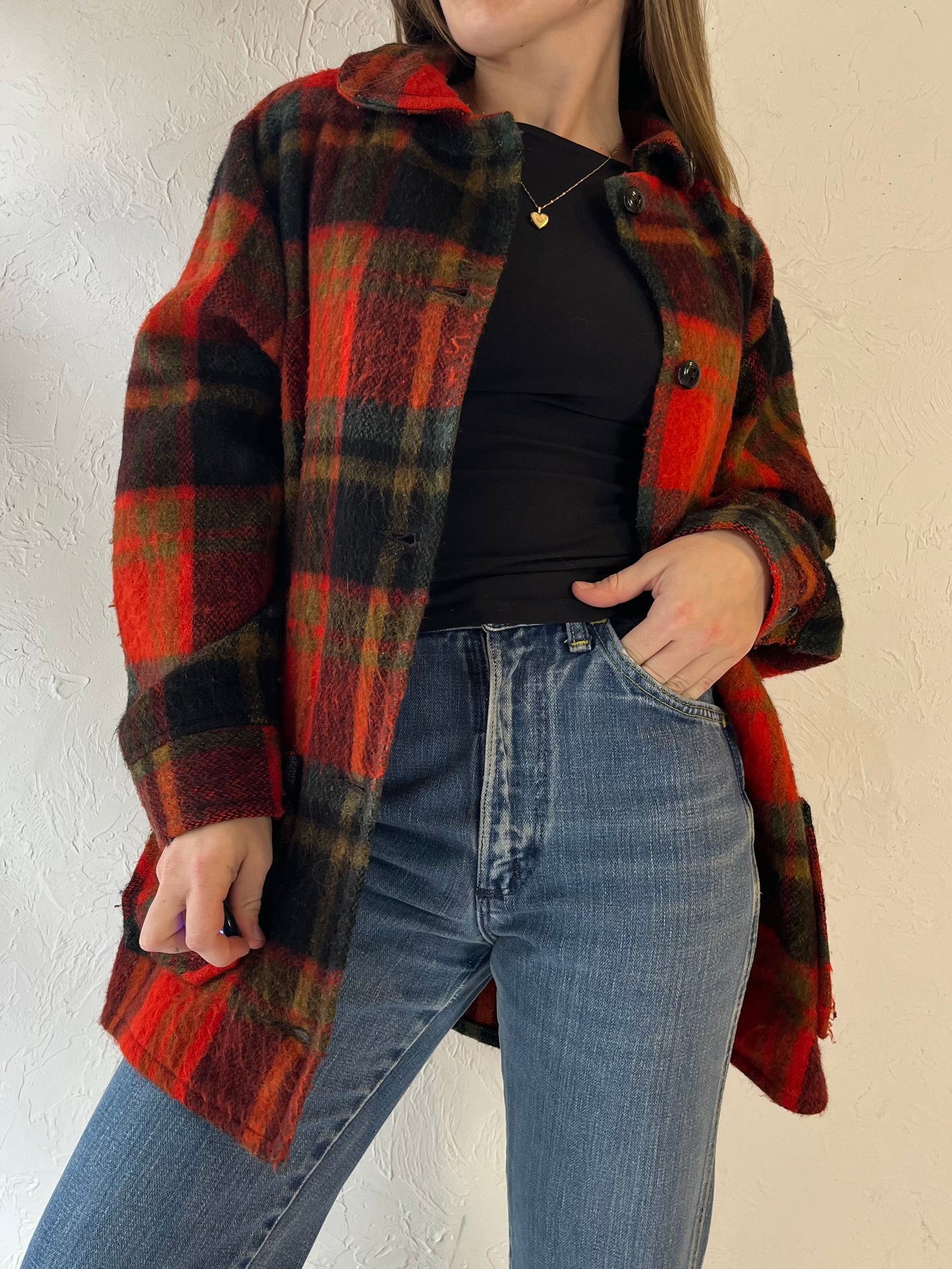 Vintage Red Plaid Knit Jacket / Medium