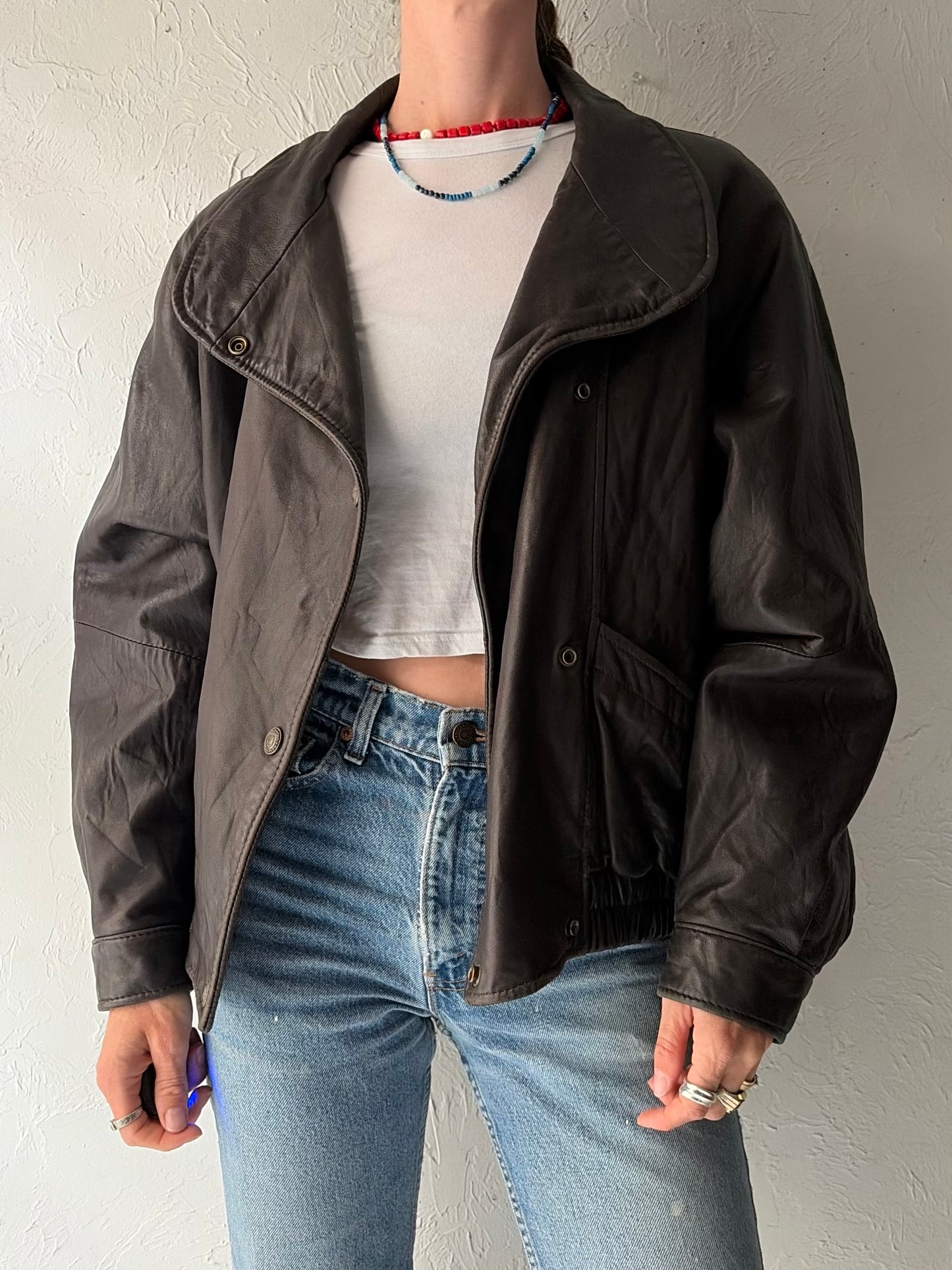 90s 'LNR' Soft Leather Bomber Jacket / Small