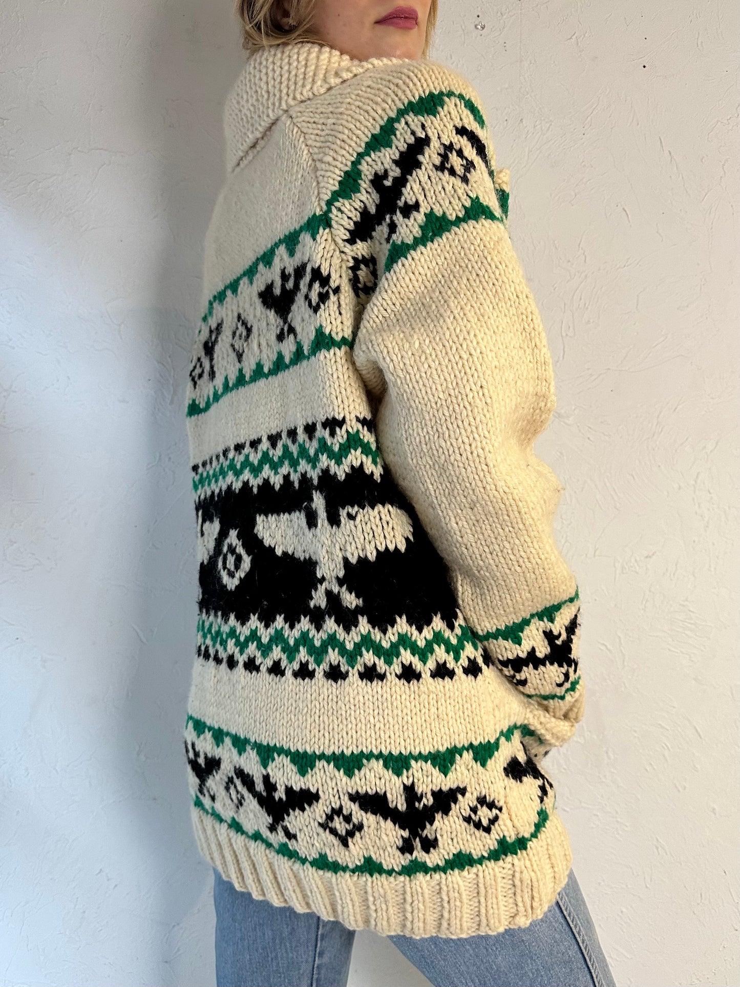 Vintage Hand Knit Thick Wool Zip Up Eagle Sweater / Medium