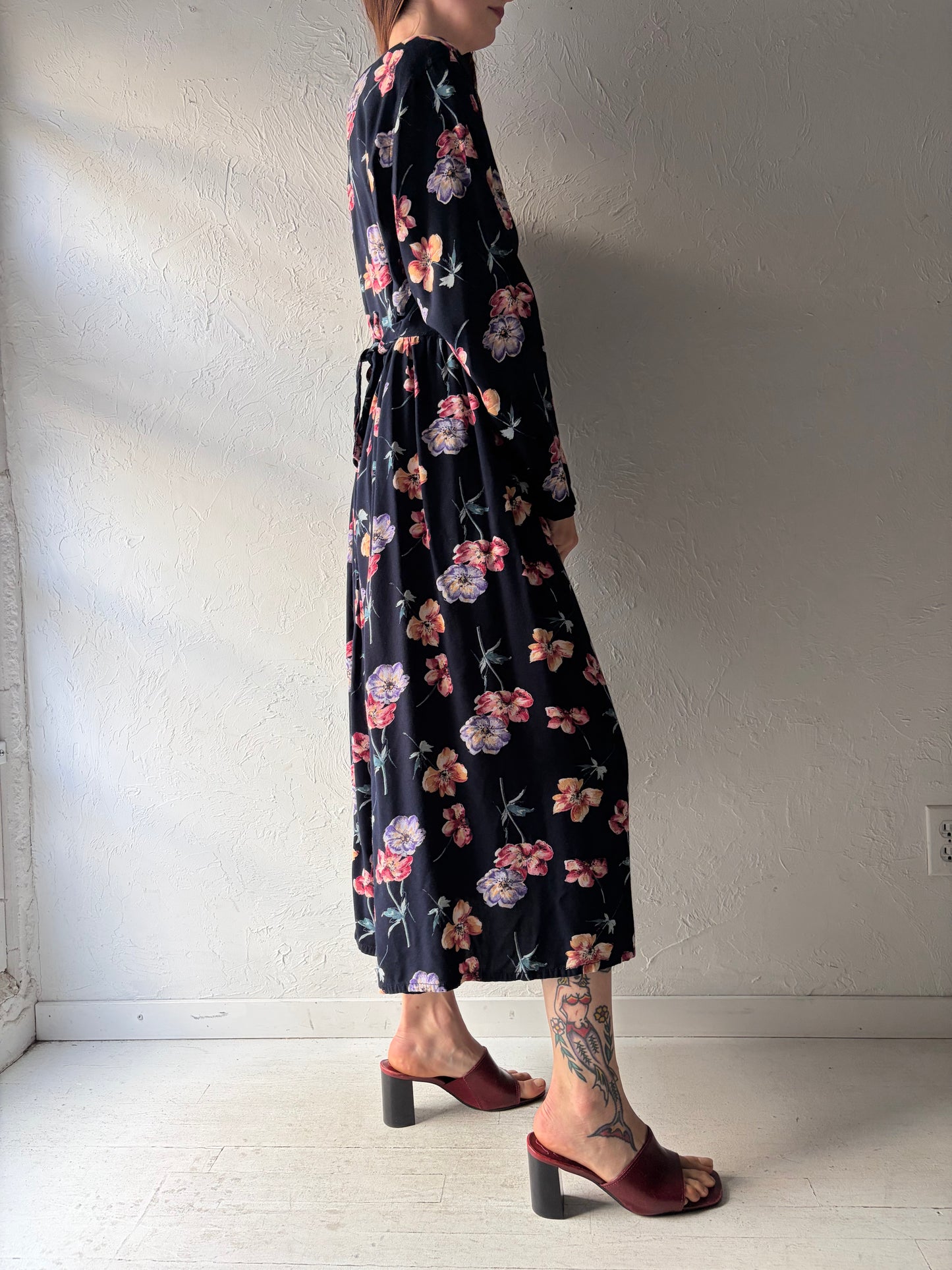 90s '726' Long Sleeve Floral Rayon Dress / Large