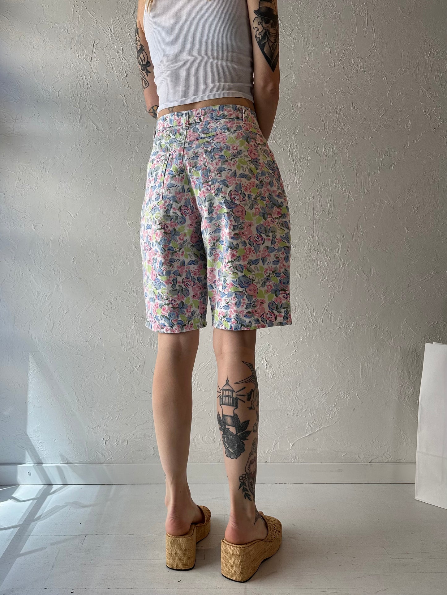 90s 'In Clothes' Floral Print Denim Shorts / Medium