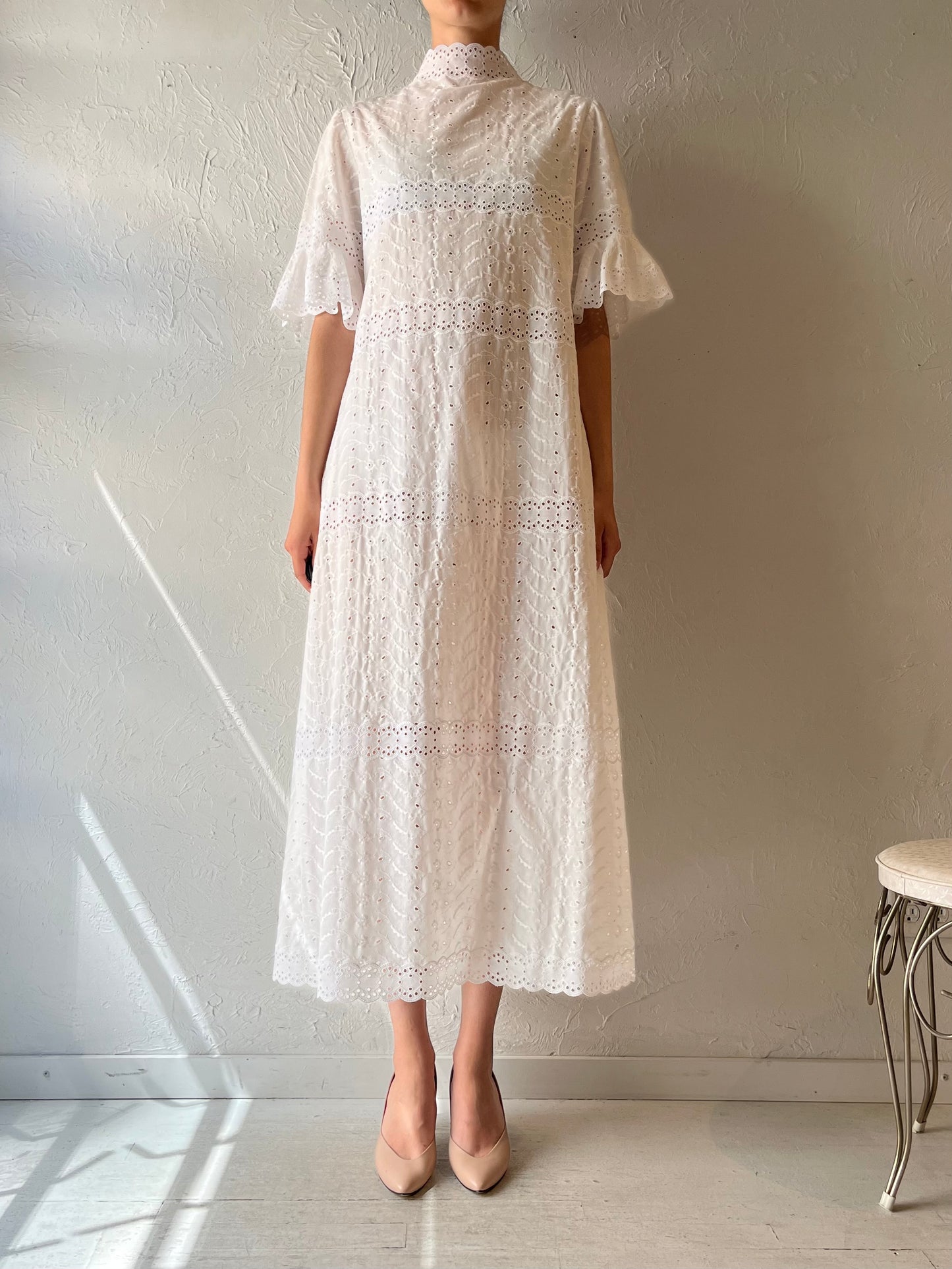 Vintage Handmade White Embroidered Cotton Prairie Summer Maxi Dress / Romantic Cottagecore Sundress / Medium