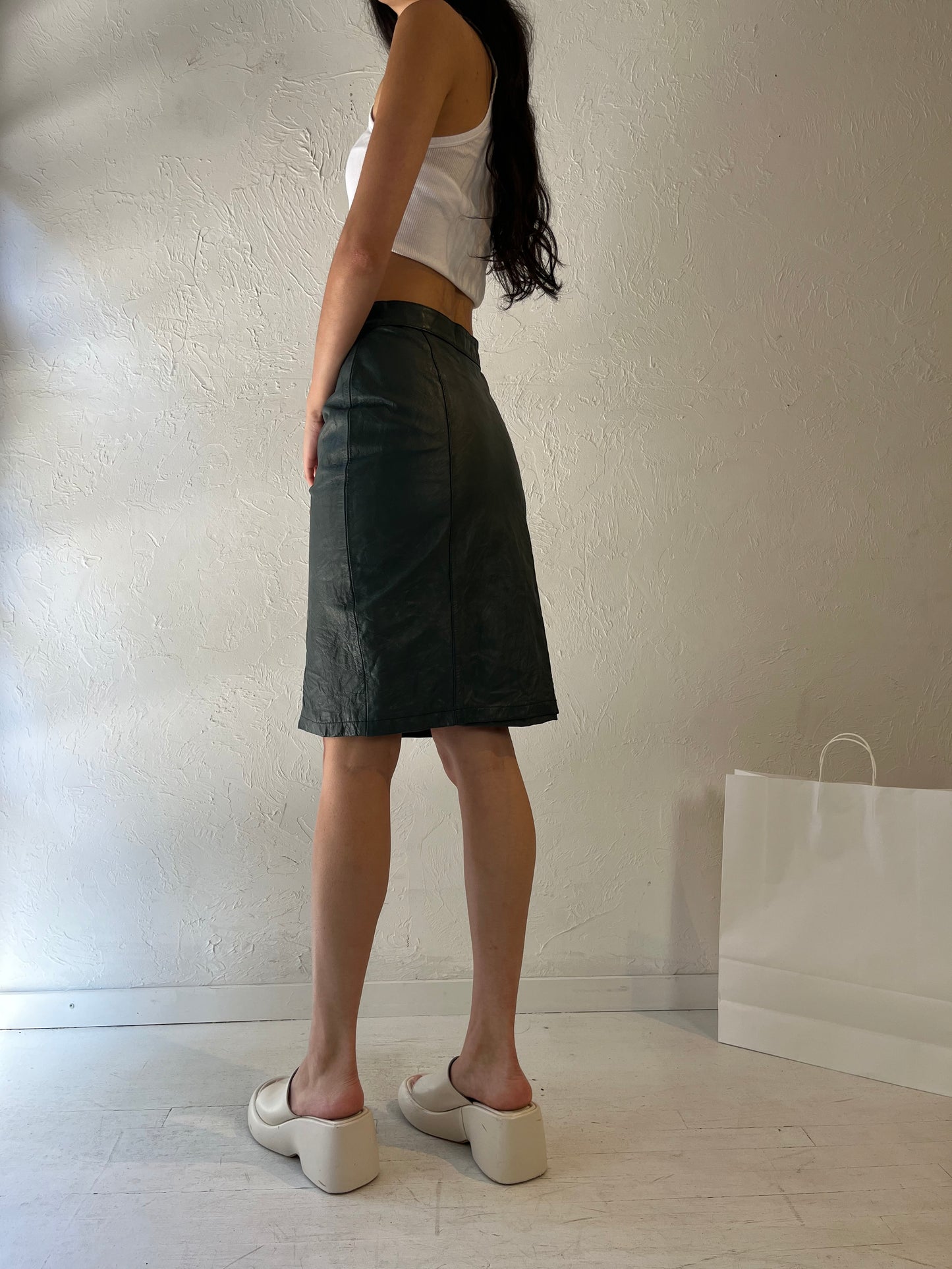 90s 'Cayenne' Green Leather Midi Skirt / Small