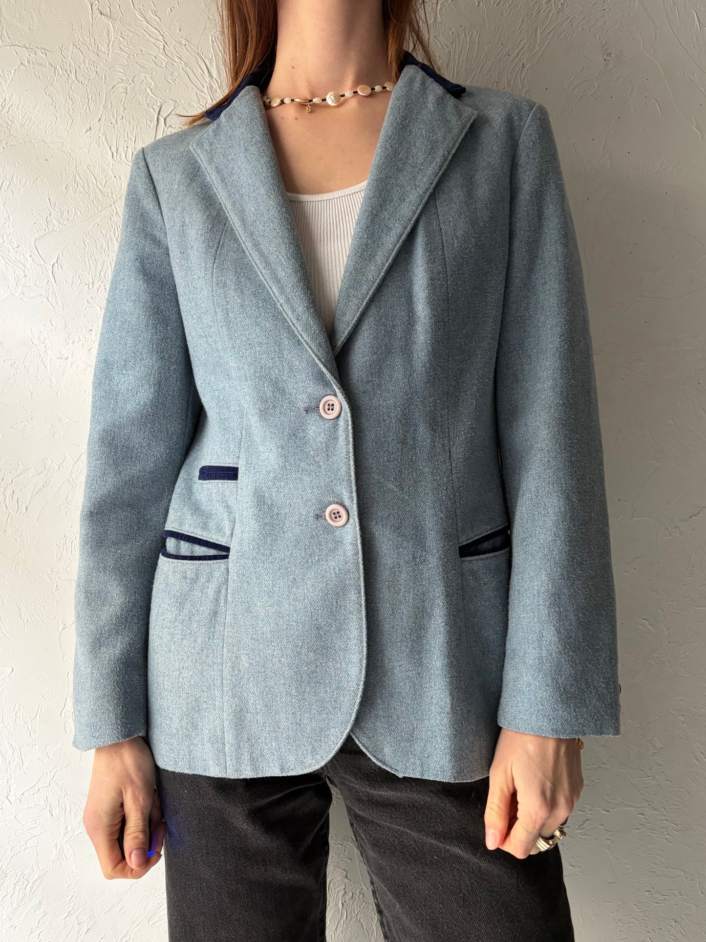 80s 'Chorus Line' Blue Two Tone Knit Winter Blazer Jacket / Medium