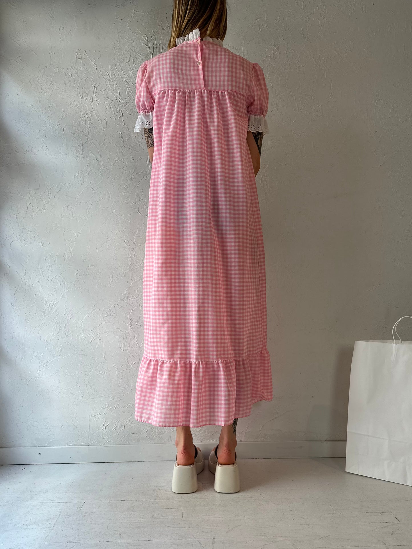 70s 'Sears' Pink Gingham Maxi Dress / XS