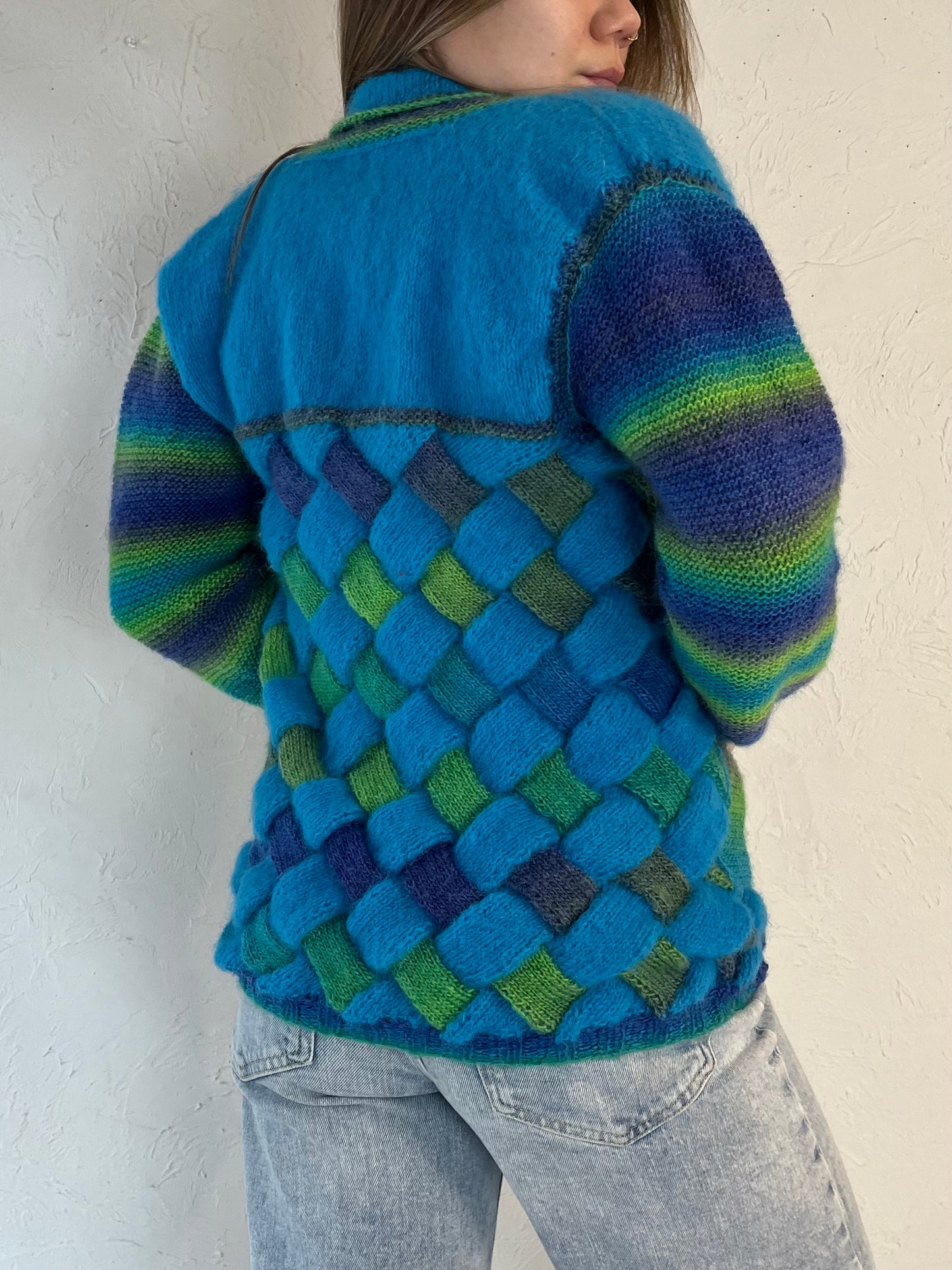 Vintage Hand Knit Blue Cardigan Sweater / Small