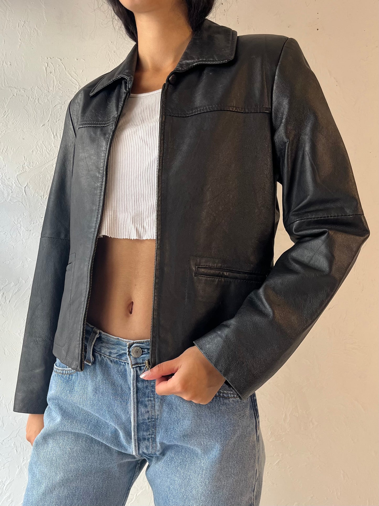 90s 'Metropolitan' Black Leather Jacket / Small