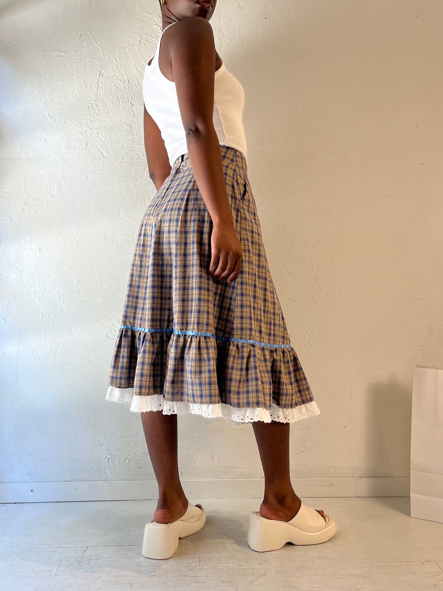 90s 'Stage West' Plaid Western Midi Skirt / Medium