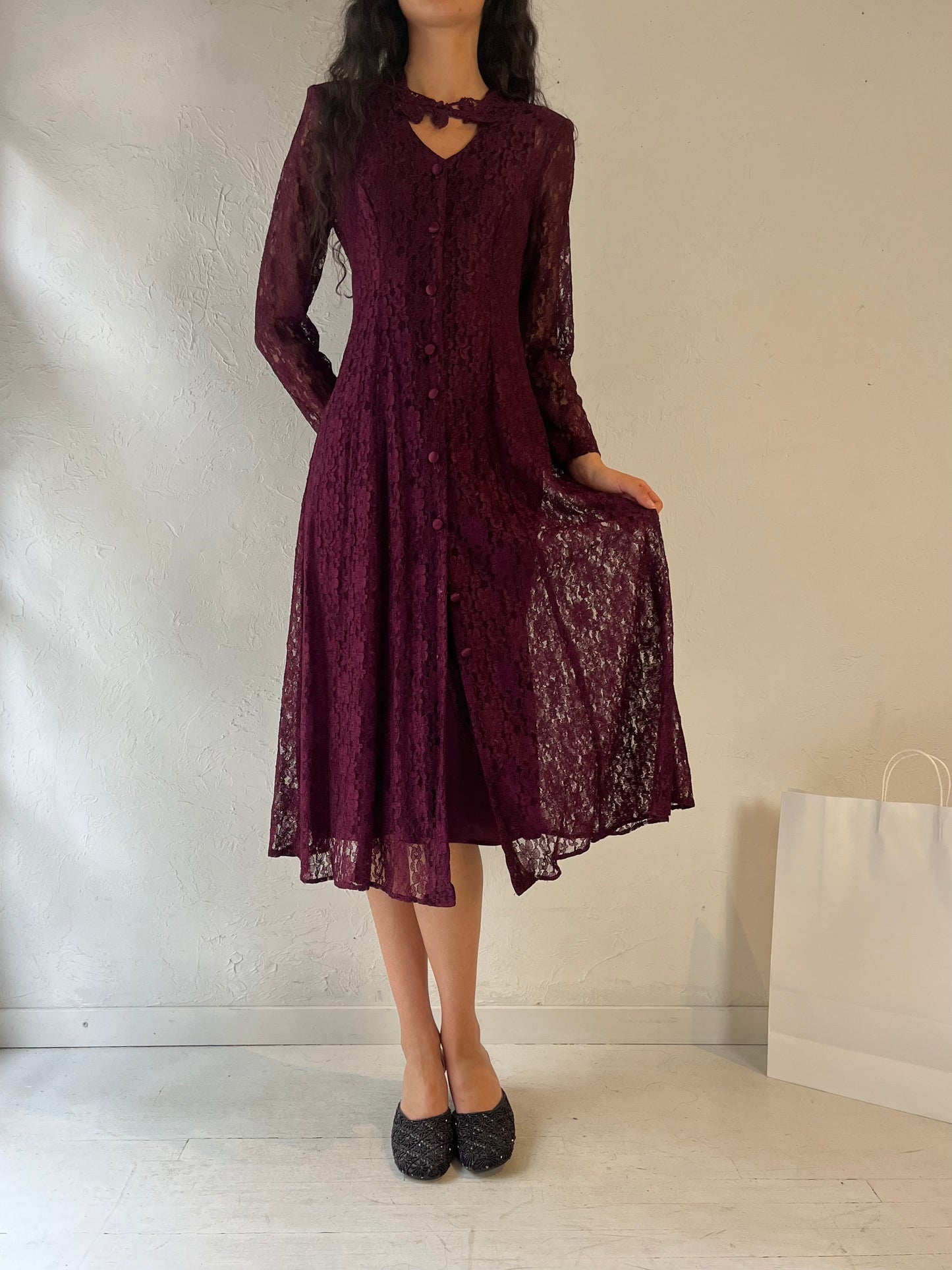 90s 'Dawn Joy' Long Sleeve Burgundy Lace Dress / Small