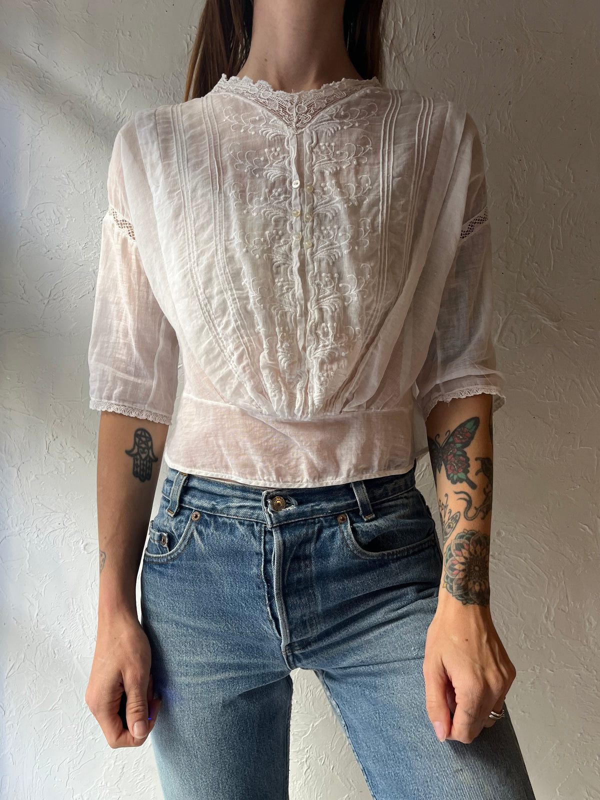 Vintage White Embroidered Prairie Blouse Romantic Victorian Style Cottagecore Top / Small
