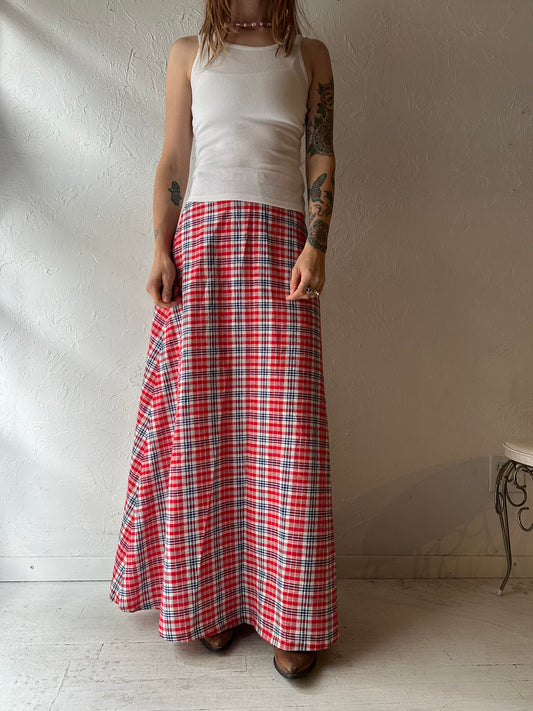 70s 'Rosecrest' Red Plaid Maxi Skirt / Small