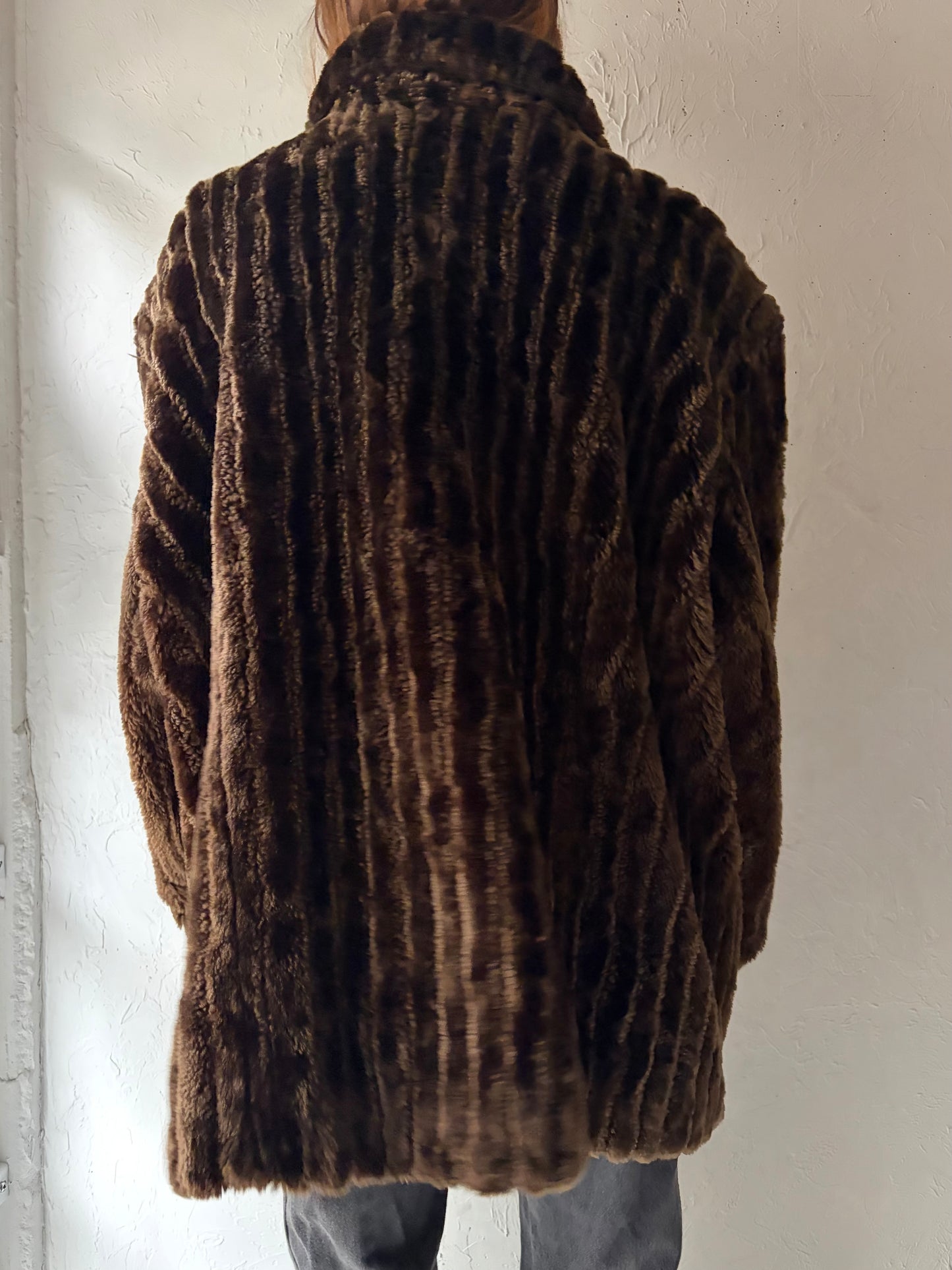 Y2k 'White Stag' Brown Faux Fur Jacket / XXL