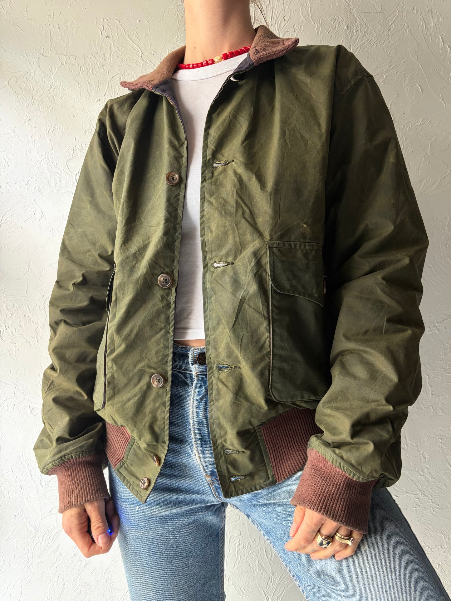 90s 'Polo' Green Equestrian Waxed Cotton Riding Bomber Jacket / Vintage 1990s Retro Country Heritage Field Jacket / Small